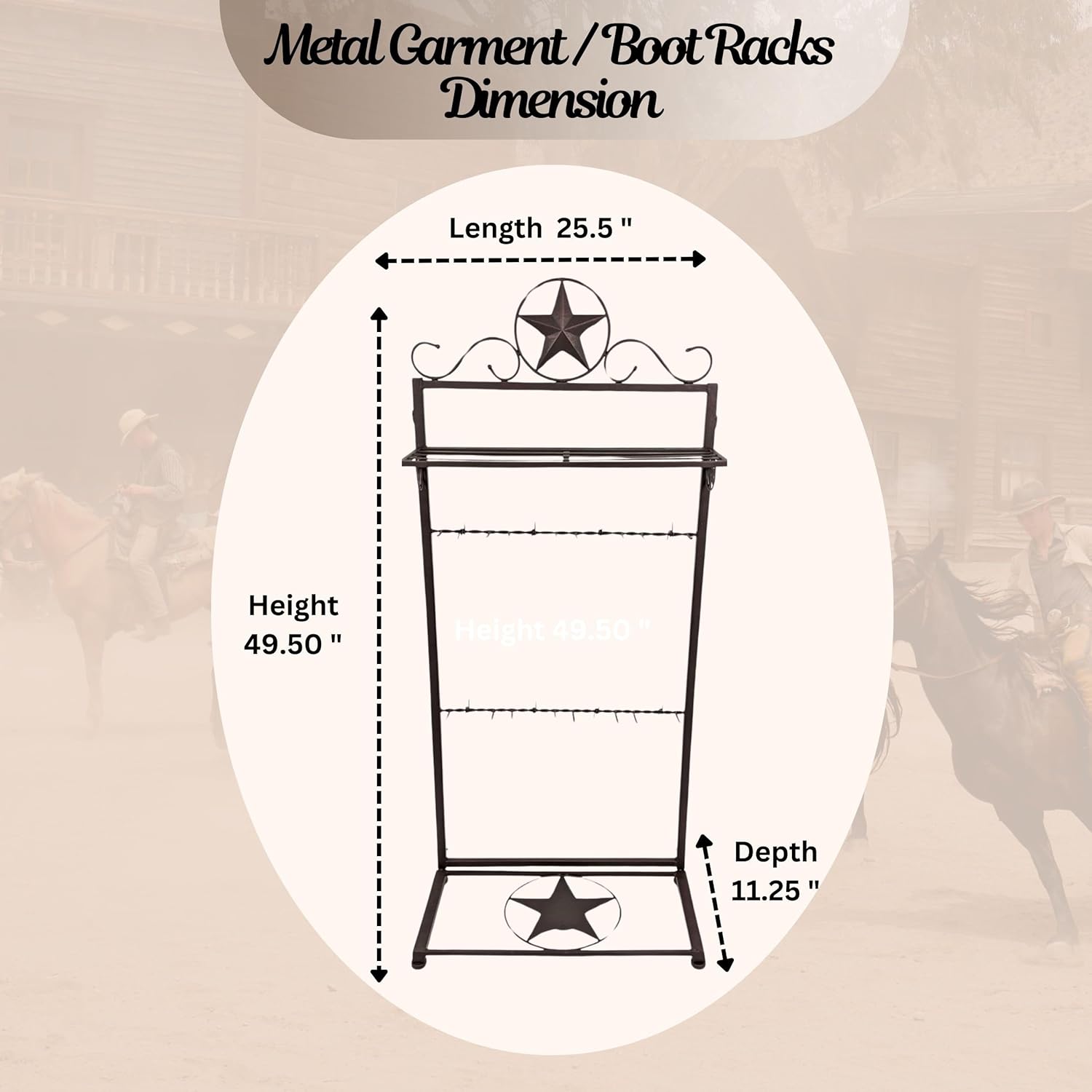 BestGiftEver Rustic Western Boot Rack with Star Decoration – Metal Free-Standing Cowboy Boot Storage and Organizer for Boots, Hats, and Accessories - Image 3