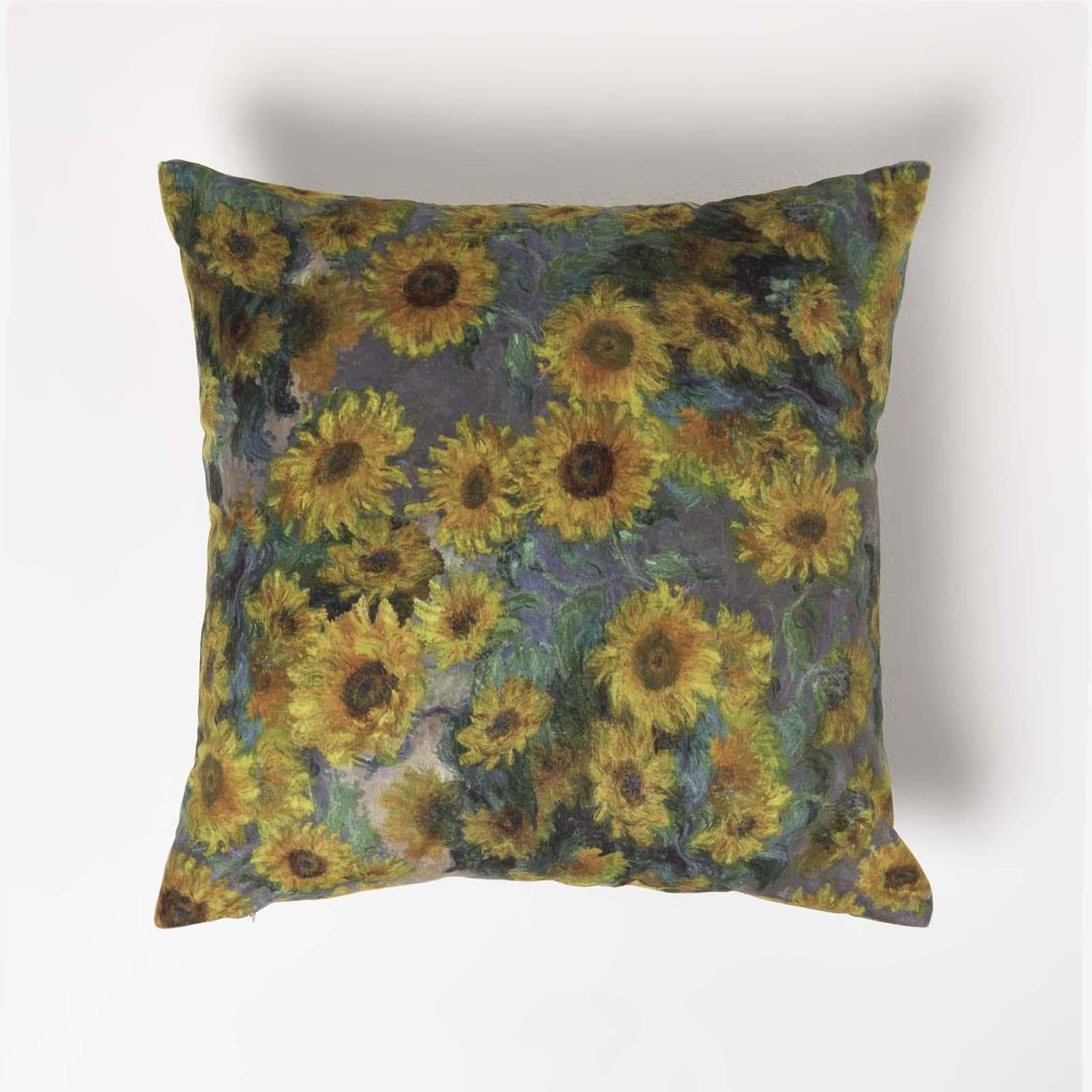 Homescapes Yellow & Taupe Yellow Reversible Velvet Floral Cushion 46 X 46 Cm Filled Decorative Throw Pillow With Van Gogh Sunflower Design Cushion Insert Included