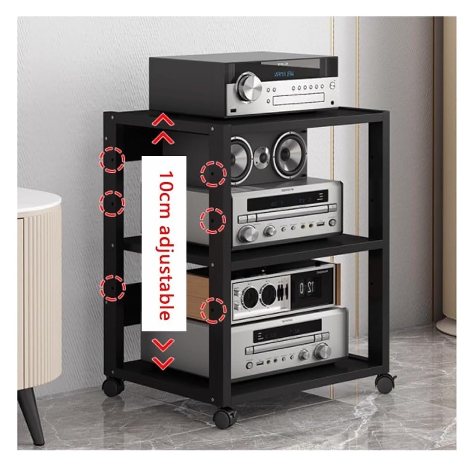 Supporto multimediale video Mensola AV HiFi regolabile a 7 livelli con ruote universali, rack audio mobile for soggiorno, camera da letto, studio(Teak color)