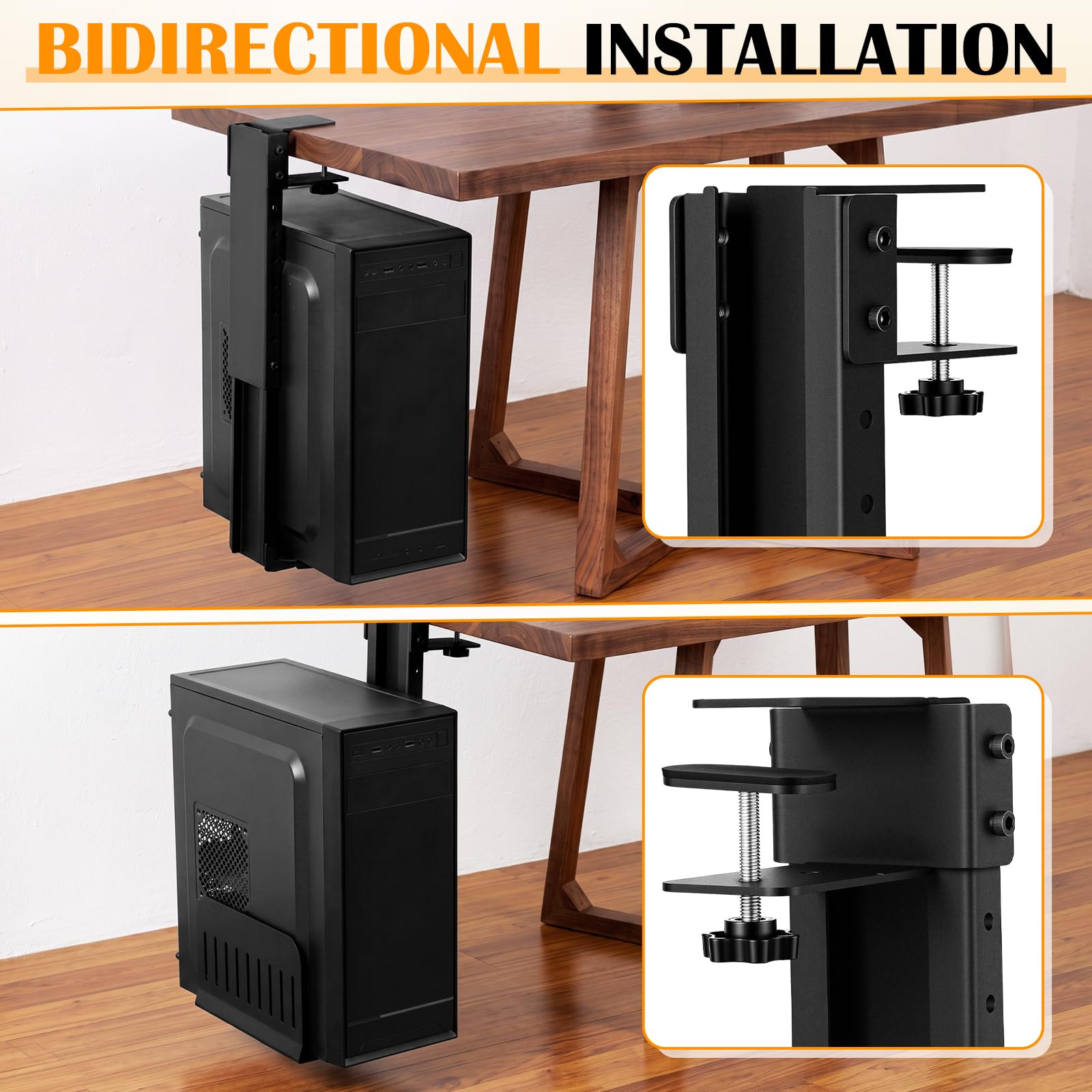 Hicarer PC-Halterung, kompatibel mit Desktop-Tower-Halterung, verstellbar, schwarz, Stahlhalterung für Zuhause, Büro, ohne Bohren, 34 bis 54 cm, Höhe 15 bis 25 cm, Breite 15 cm