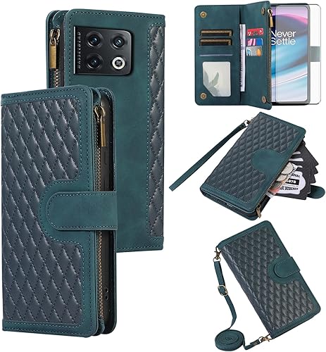 Asuwish Funda para teléfono para OnePlus 10 Pro One Plus 10Pro 5G Funda tipo cartera con protector de pantalla de vidrio templado y correa para la