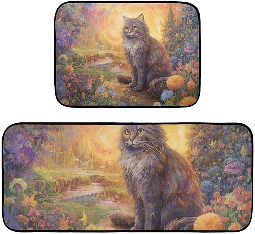 Cat Sitting in Flowers Kitchen Mat 2 Pcs Set, Low Pile Kitchen Rugs Cushioned Water Absorbent Washable Floor Mats for Kitchen Sink Laundry Room