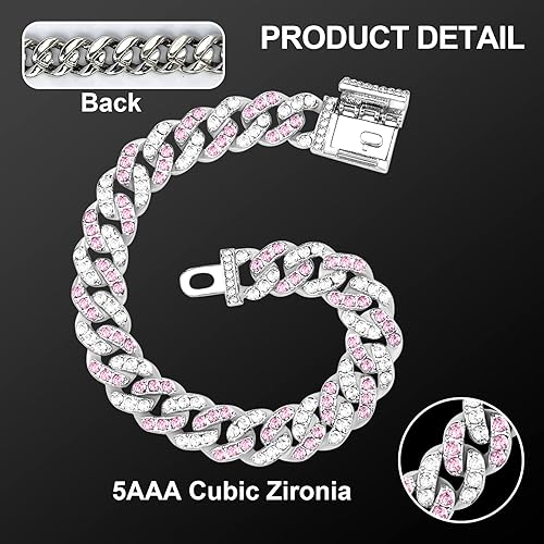 Miniatura 5 de Collar de perro de diamante rosa chapado en plata, cadena de metal de estilo cubano con hebilla segura, collar duradero de lujo para perros y