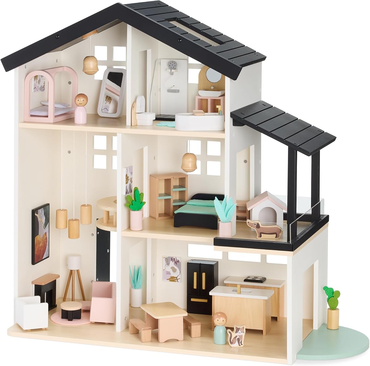 Best Choice Products Modern Wooden Dollhouse for Kids, 3-Story Doll House with 40 Furniture Accessories, Interactive Dollhouse Set with Dolls, Multi-Room Design for Girls & Boys - Black