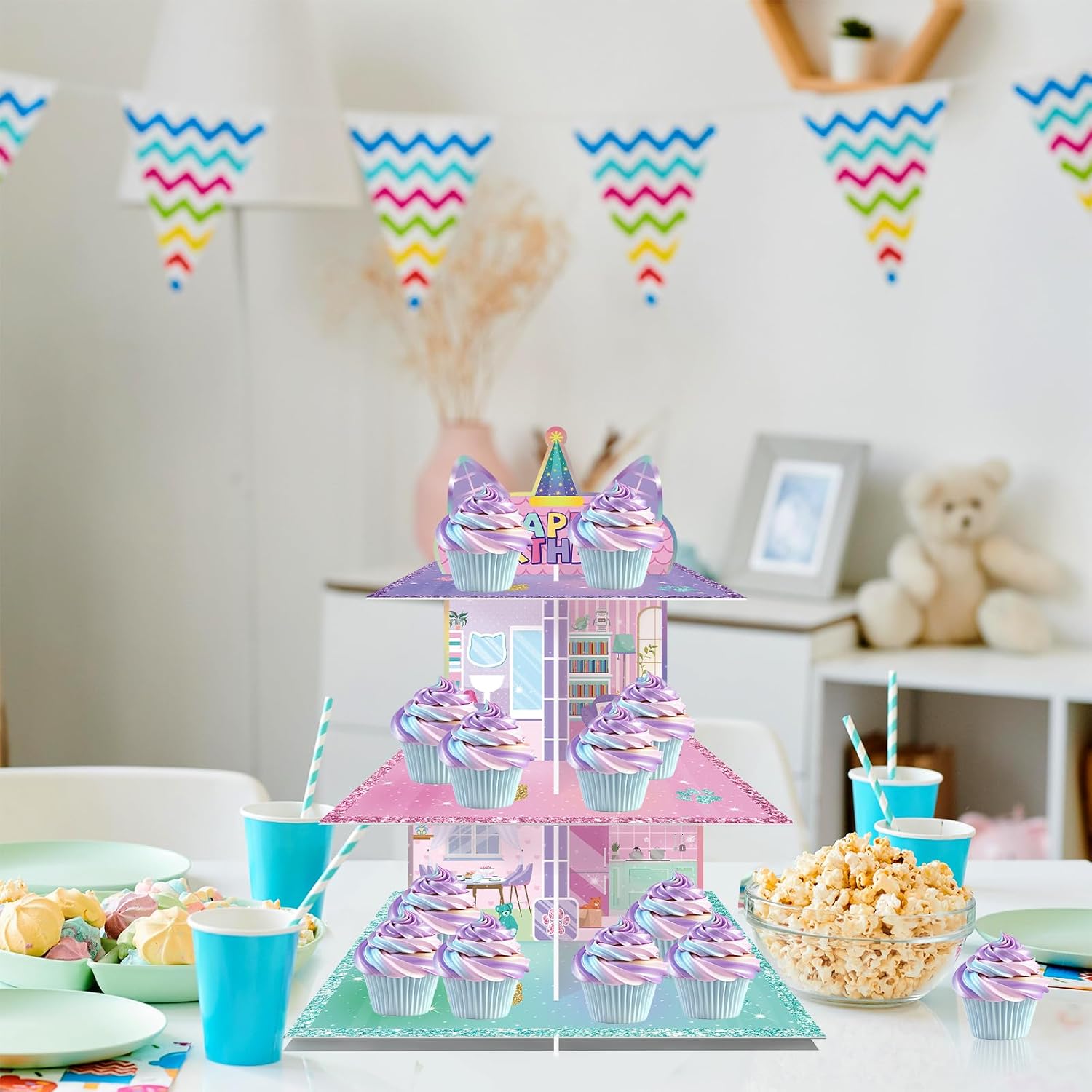 FRIDAY NIGHT Cartoon Cat Dollhouse Cupcake Stand Cupcake Tower Pink Cake Dessert Holder 3-Tier Dollhouse Birthday Party Decorations Supplies Cute Cat Birthday Decor