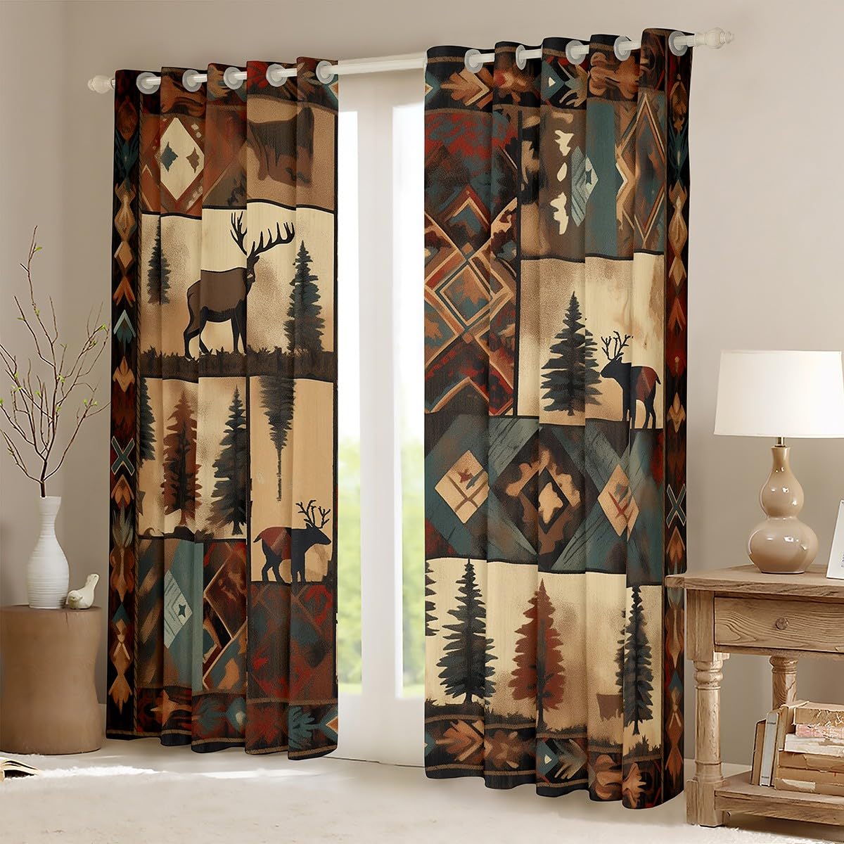 Feelyou Deer Darkening Dreapes (2 Panels, 38 x 45 Inch) Wild Animal Curtains for Bedroom Living Room Kids Decor Checkerboard 30%-50% Room Darkening Blackout Curtain Drak Brown Window Treatments