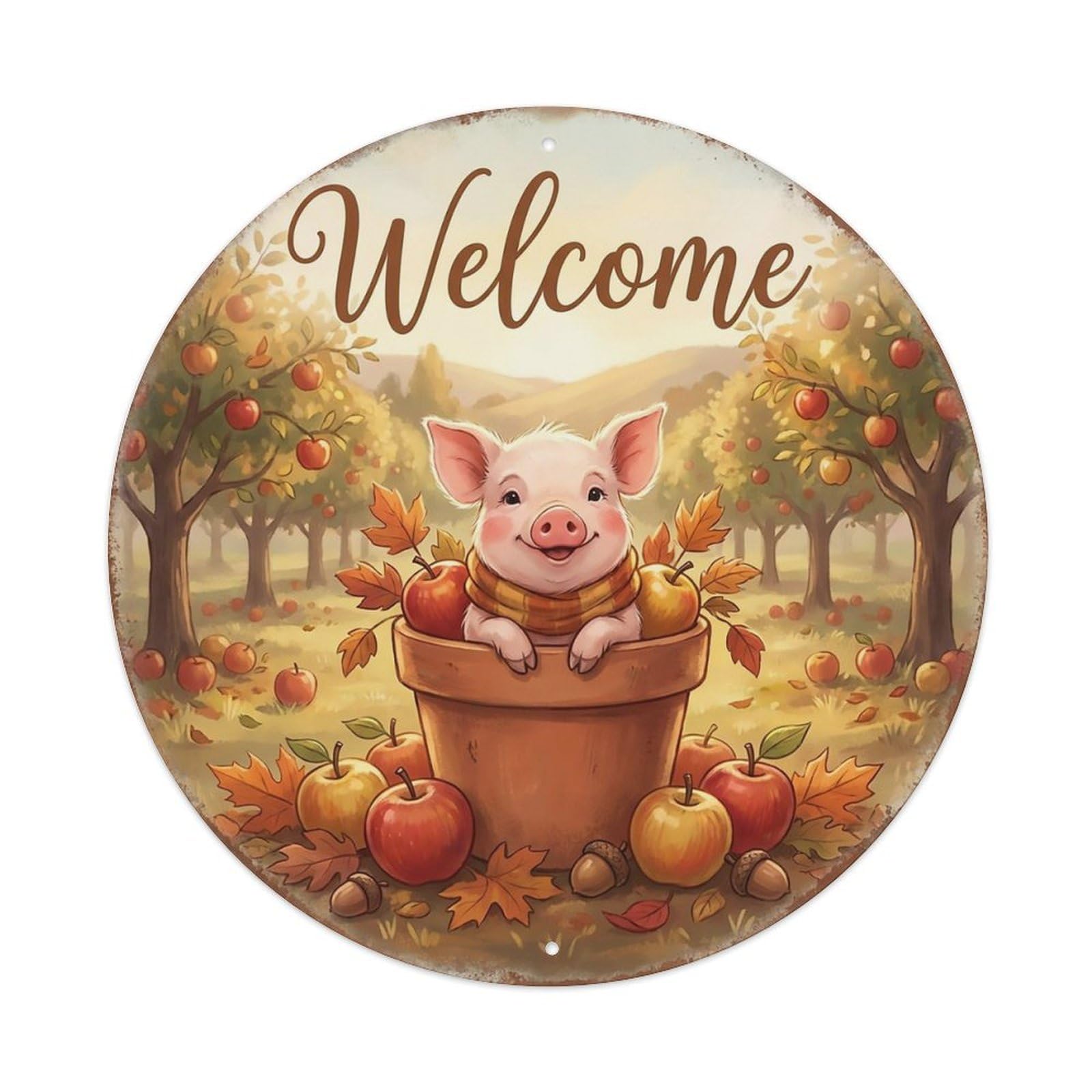 Welcome Piglet Autumn Apples Metal Tin Sign