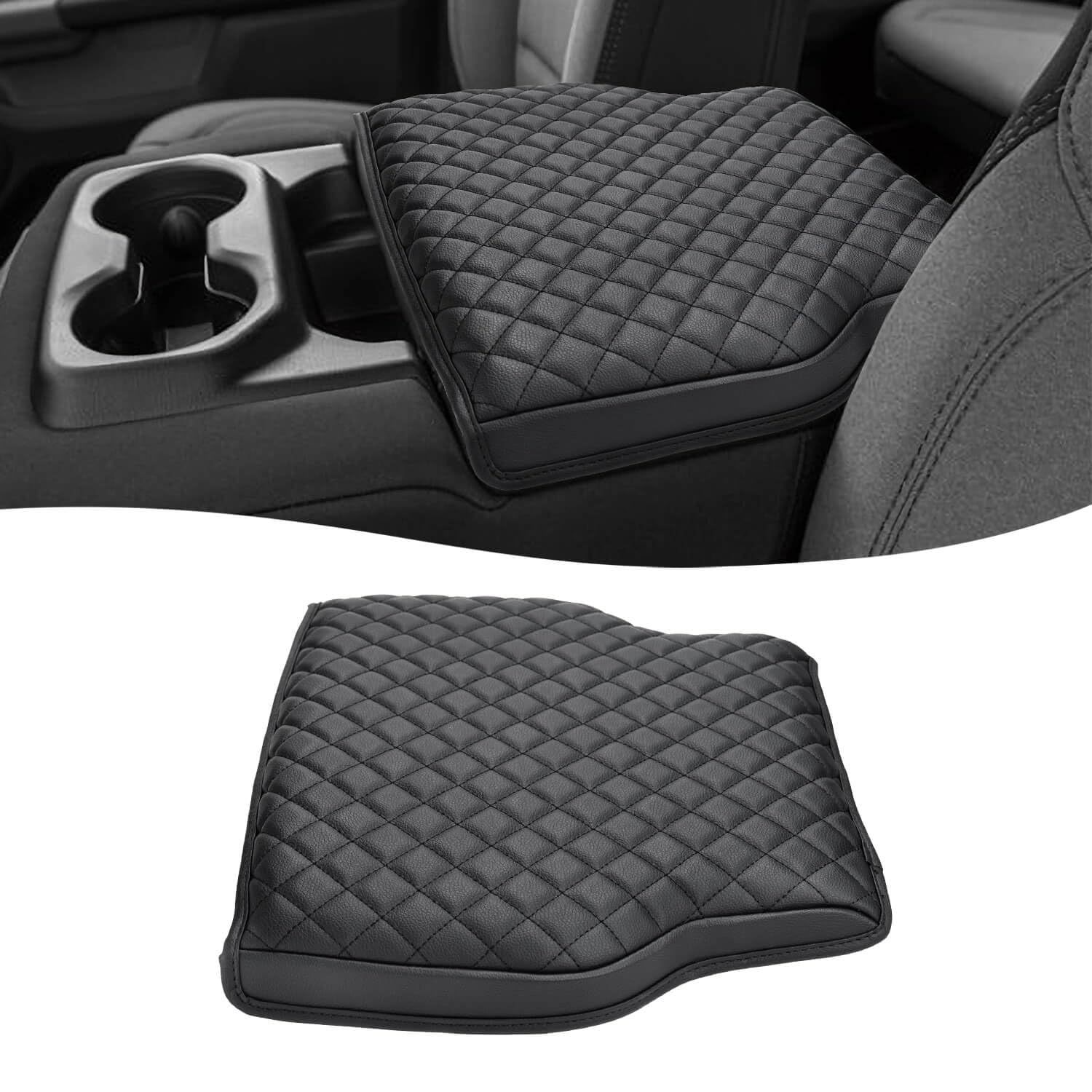 Photo 1 of (Fits Jump Seat Console Only) KBH Center Console Armrest Cover for Dodge Ram 1500 2019-2025 New Model, Vinyl Leather, Middle Console Lid Protector, Interior Accessories, Anti-Scratch, Black