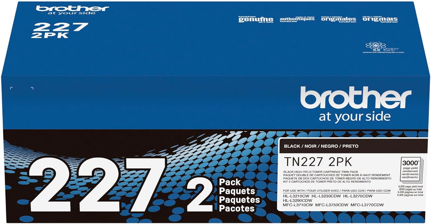 Brother Genuine TN227 High-Yield Black Toner Cartridge Twin Pack for Professional Laser Printing, 2 Pack Yields 6,000 Pages Total, Compatible with HL-L3210CW HL-L3230CDW Printers