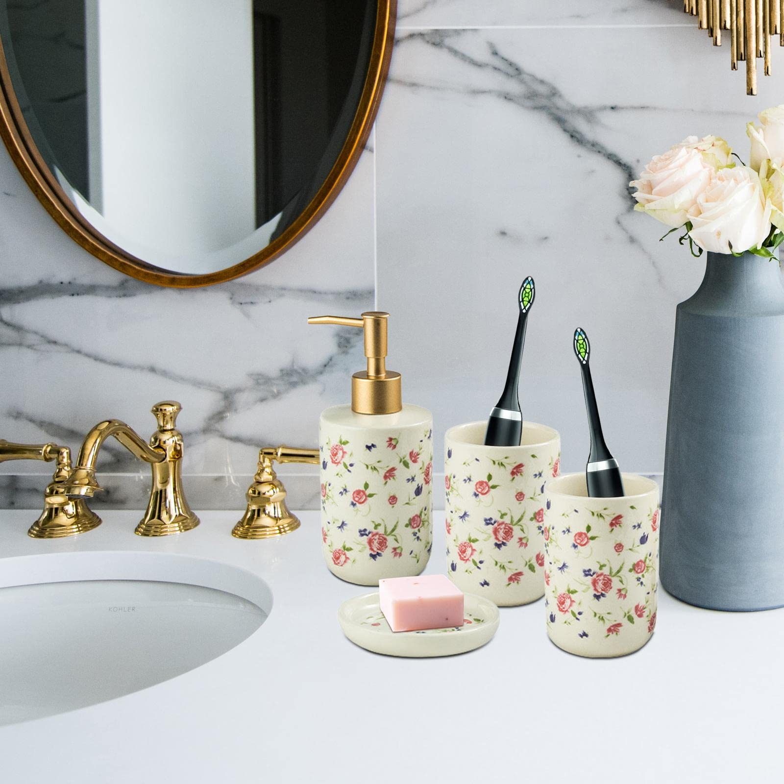 Ceramiczny zestaw akcesoriów łazienkowych premium, luksusowy uchwyt na szczoteczkę do zębów, dozownik balsamu do mydła (małe róże 4 szt.)