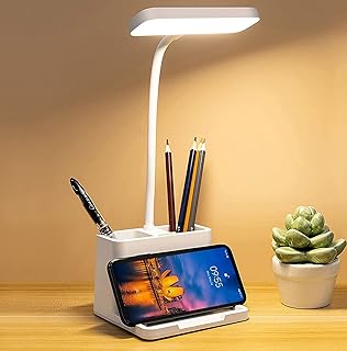Esenlong LED Desk Lamp with Pen/Phone Holder, USB Rechargeable Reading Lamp, Flexible Touch Table Lamp 3 Color Modes& Dimming, Desk Lights for Study Home Office Dorm (Square Light)
