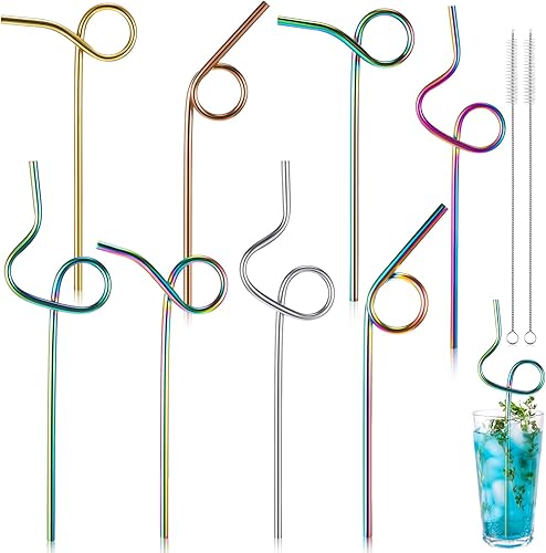 Gejoy 8 popotes reutilizables de acero inoxidable con diseño curvado, con 2 cepillos de limpieza, tubos de metal multicolor para niños y adultos jugo