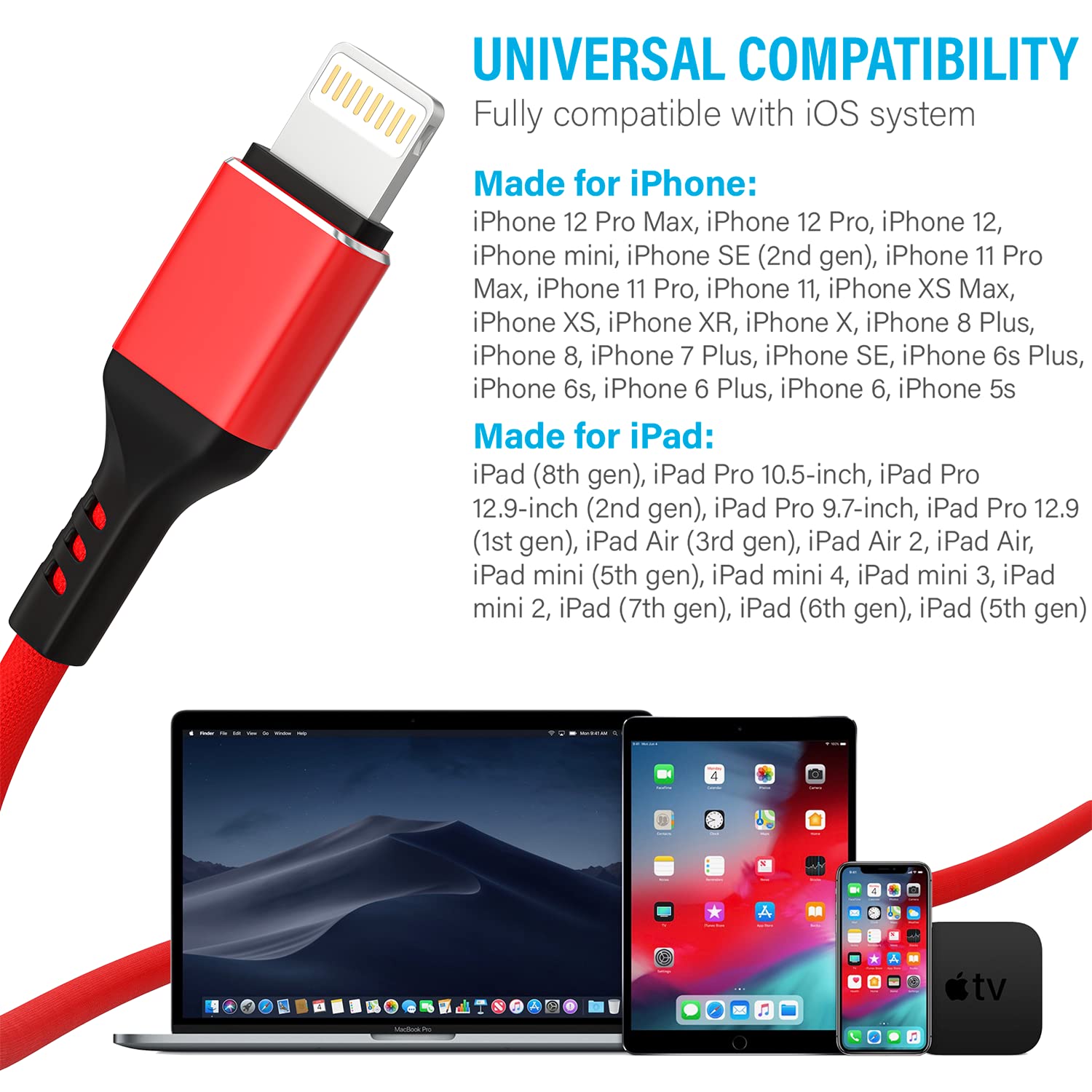 Ironten iPhone Charger Cable, Apple MFi Certified 10 Pack 6 FT Red Long Lightning Fast Charging High Speed Data Sync USB Cable Compatible iPhone 14 13 12 11 Pro Max Plus XS MAX XR XS X 8 7 Plus