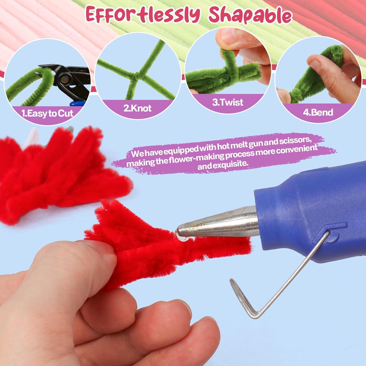 645Pcs Pipe Cleaners Crafts, Pipe Cleaner Carnations Flower Kit with Instructions, Hot Melt Gun & Floral Wires, 4 Colors Chenille Stems to DIY Flowers for Mother's Day, Holiday Gifts & Home Decors