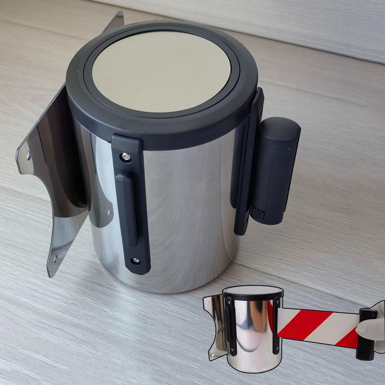 CAIFEXUE Red Wall Mount Queue Belt Barrier, 2/3/5/10M Queuing Safety Tape Cordon, with Mounting Accessories and Stainless Steel Housing/B/10M(32Ft)