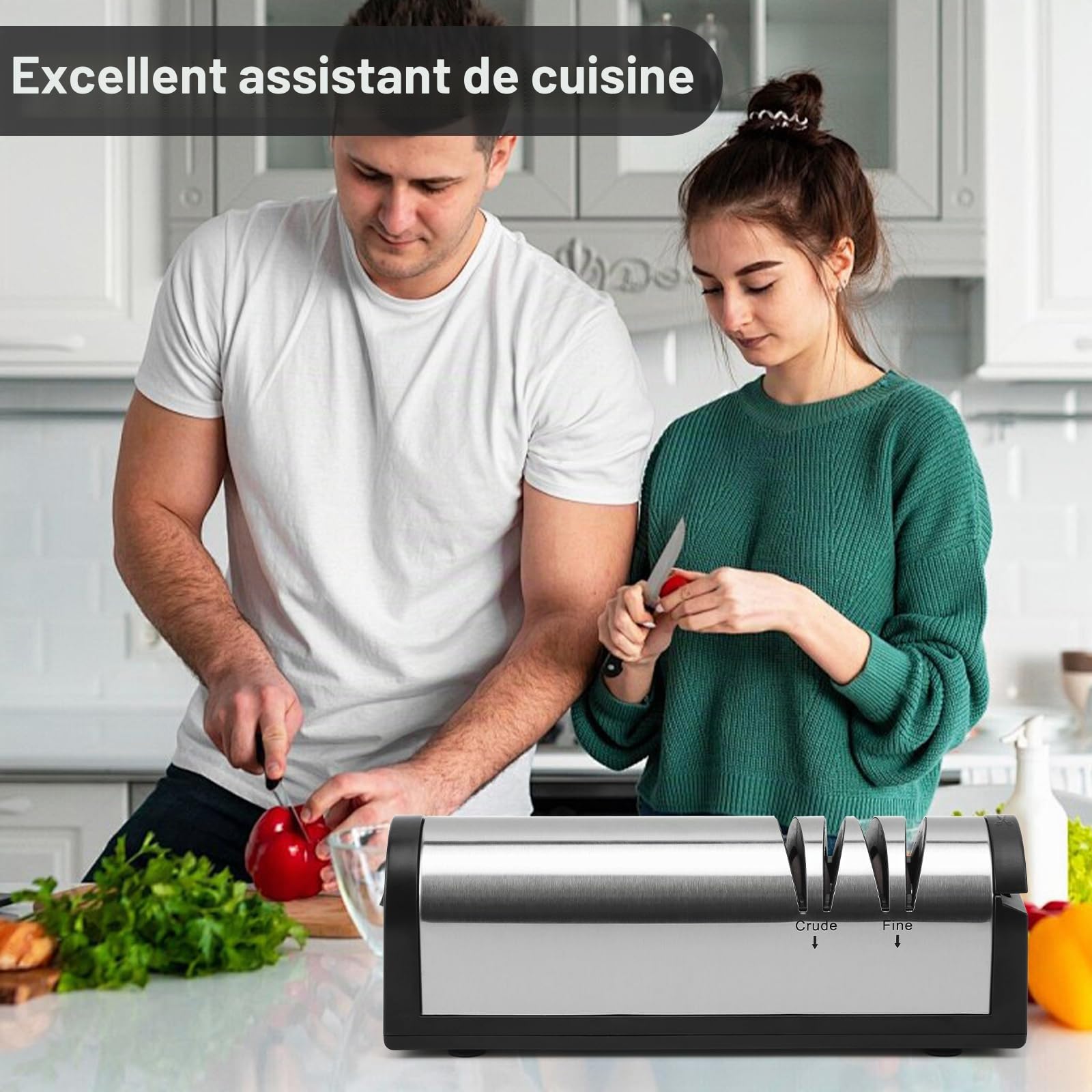 Aiguiseur de couteaux électrique Aiguiseur de couteaux électrique rechargeable en acier inoxydable Aiguisage et polissage en 2 étapes Aiguiseur de couteaux outil réparation restauration polissage lame