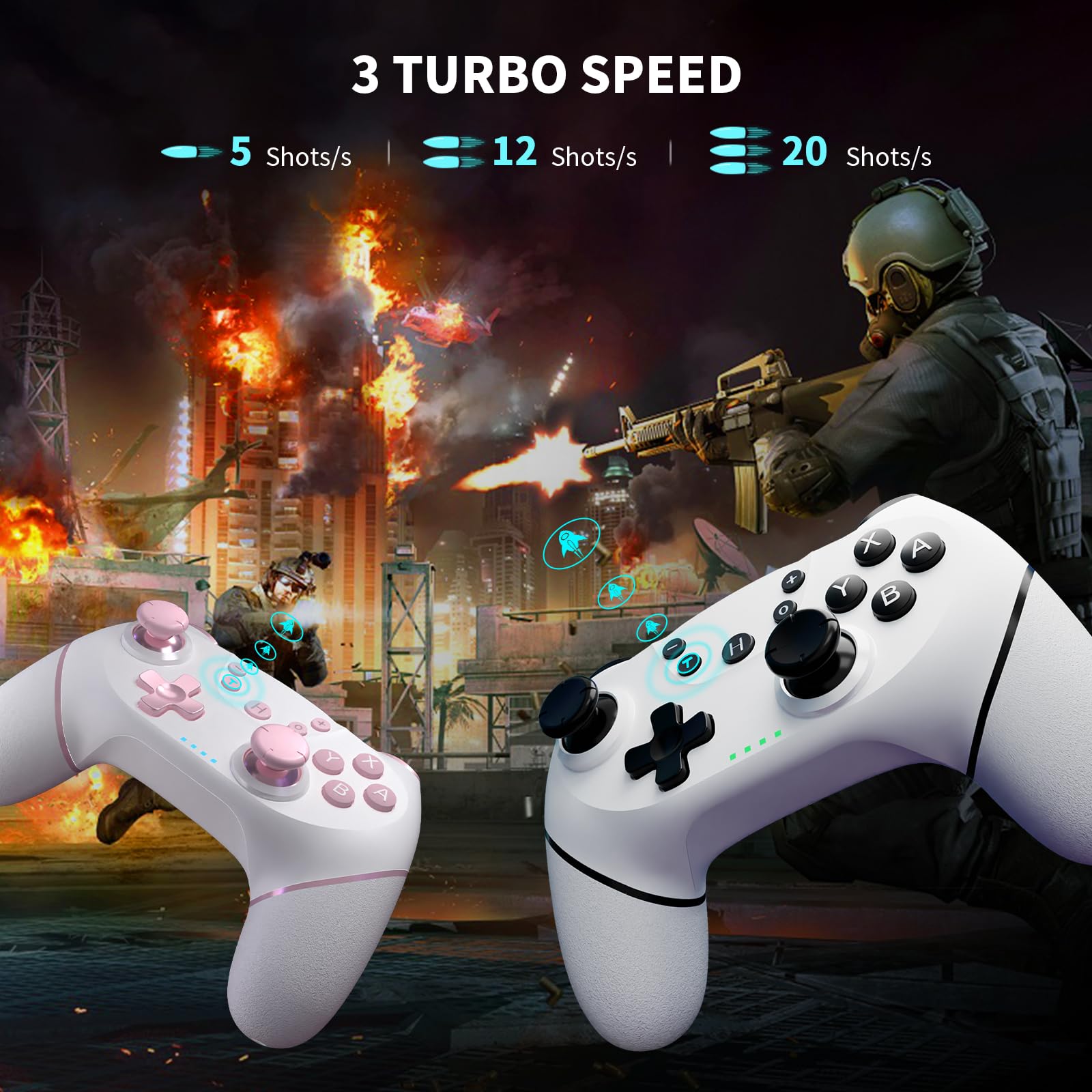 AceGamer 2pcs Mando inalámbrico para Switch 2/Switch/Lite/OLED, Mando para Switch Pro con función de despertador con un botón/vibración/turbo/pantalla(Rosa y Blanco)