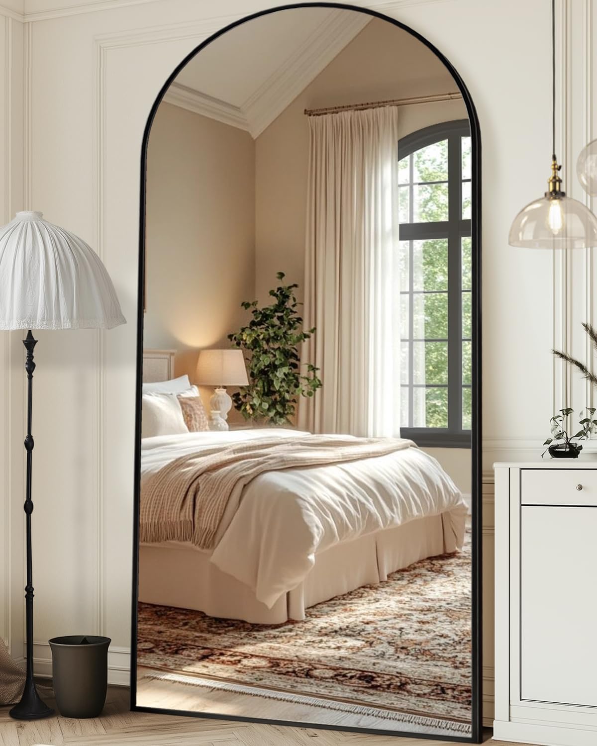 floor mirror, 78"x38" oversized full length mirror with stand,arched full body mirror standing hanging leaning against wall,body mirror aluminum frame,giant mirror for bedroom cloakroom, black 78"l x 38"w black