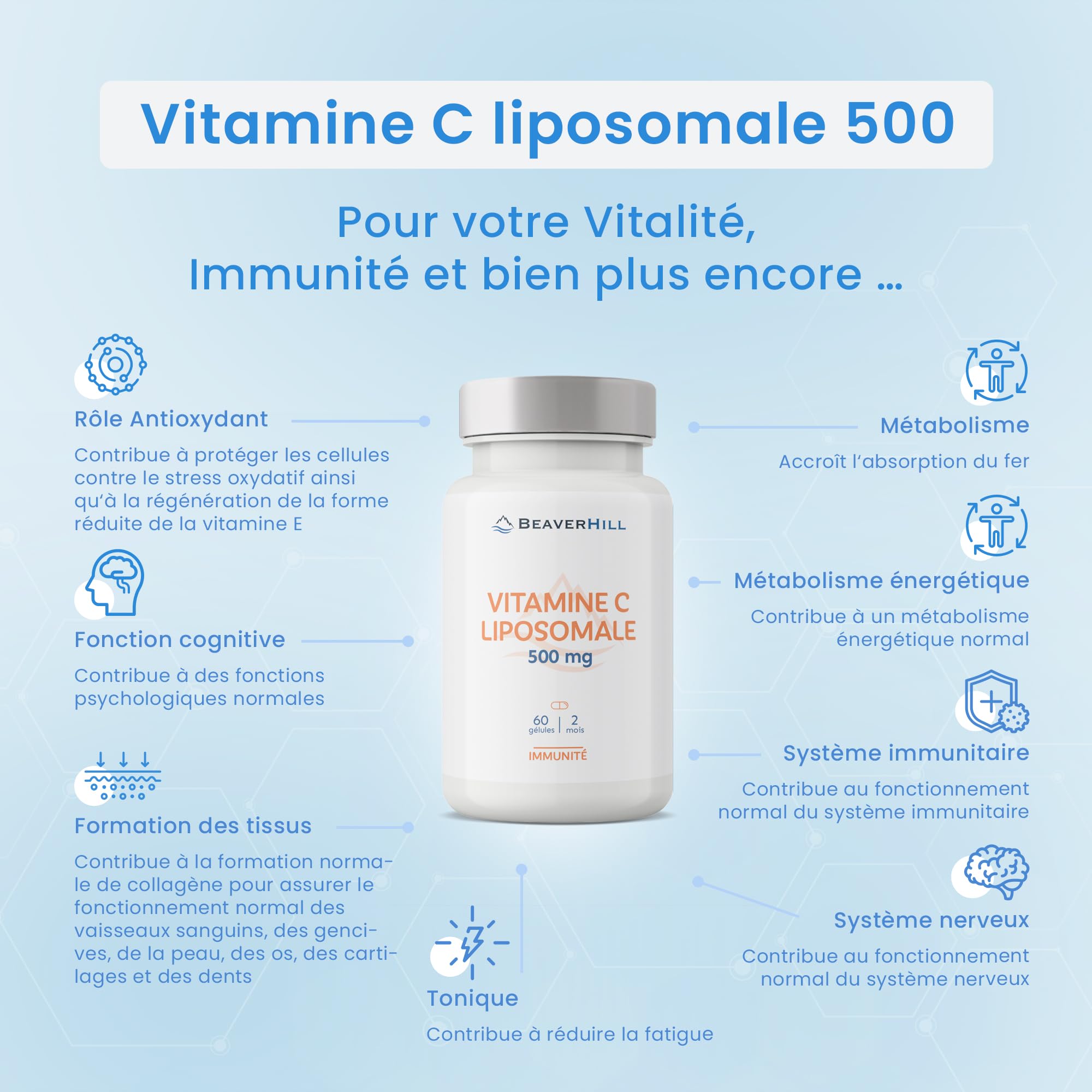Vitamine C Liposomale 500 mg | 60 Gélules Végétales pour 2 mois | Absorption Optimale | BEAVERHILL | Fatigue - Antioxydant - Énergie - Immunité