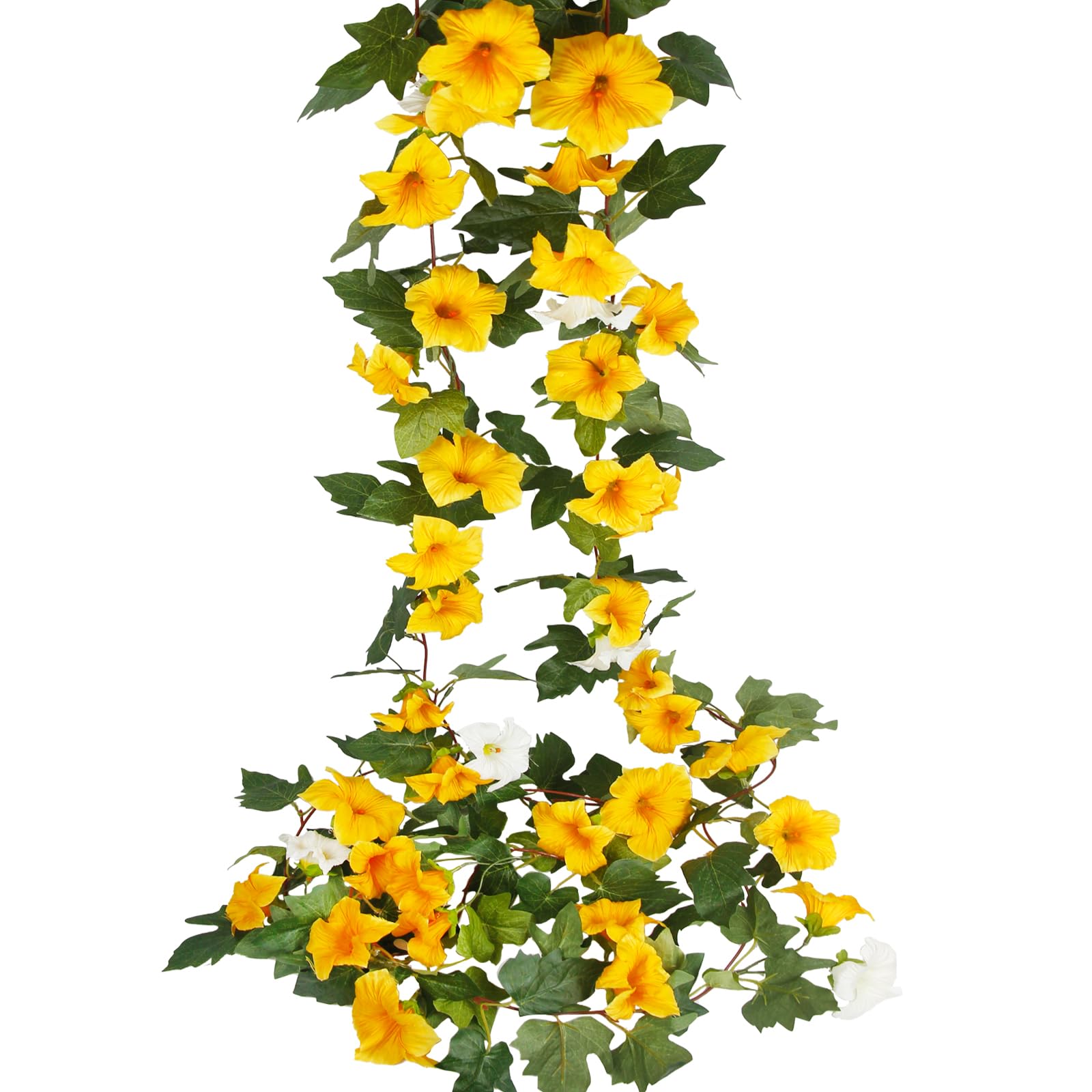 CISDUEO 2 Pcs Artificial Vines for Outdoors Silk Morning Glory Garland 11.5 Ft Hanging Flowers Plants Yellow and White Fake Petunias Vines for Indoor Home Decor Wall Fence Mantle Stairway Mailbox