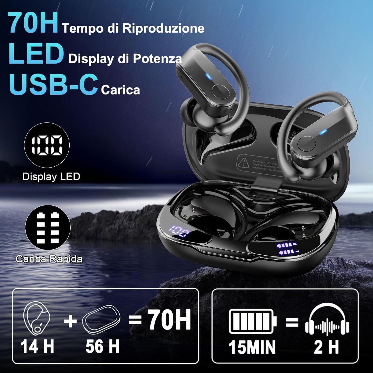 Ordtop Cuffie Bluetooth 5.4 Sport, Auricolari Bluetooth di Alta Qualità | Cuffie Wireless 70 Ore HiFi Stereo,4 ENC Cancellazione Rumore Mic,Impermeabili IPX8,Display a LED,Cuffiette Per Sport Estremi