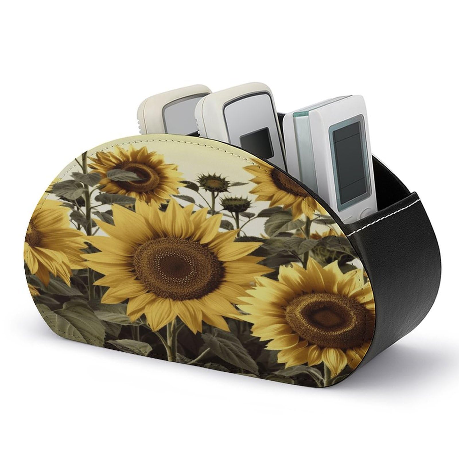 VstaDank Yellow Sunflower Floral Remote Control Holder Farmhouse TV Media Remote Storage Box with 5 Compartments PU Leather Remote Caddy Desktop Organizer for Home Bedside Table Organizer