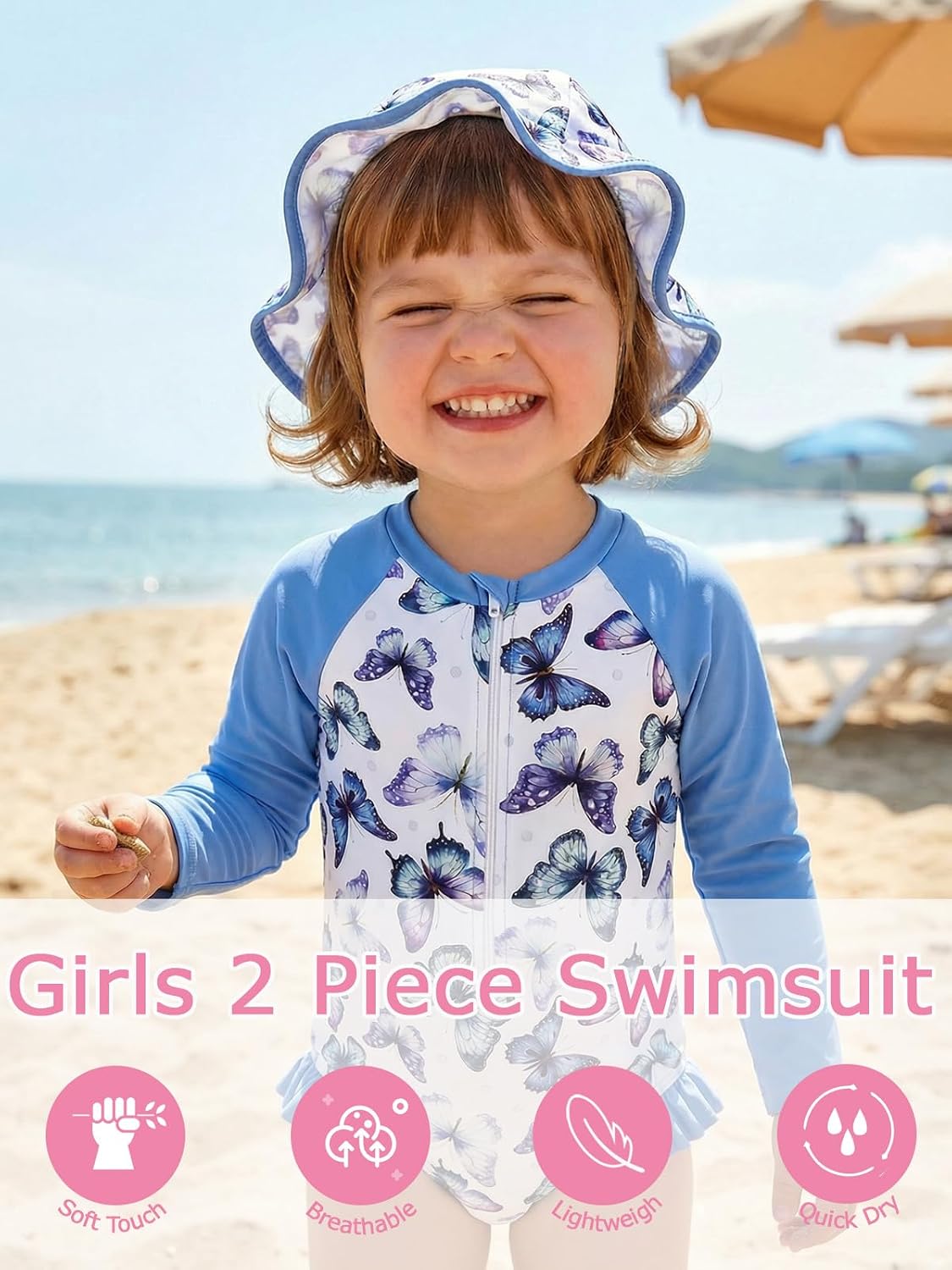 Girls One Piece Swimsuit Long Sleeve Rashguard Bathing Suits Ruffle Swimwear Set with Zipper and Hat 1-8Y