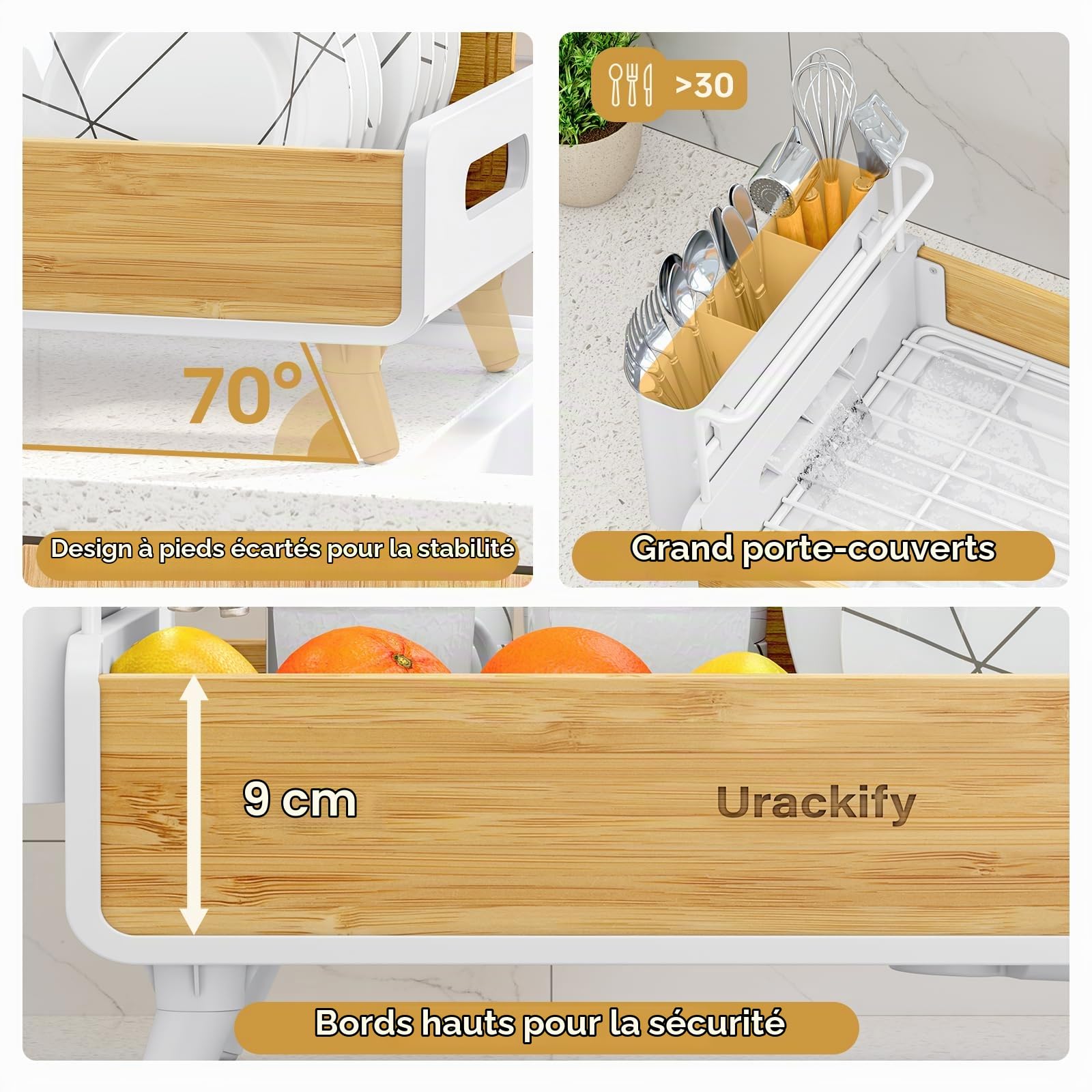 Urackify Égouttoir à Vaisselle, INOX | Acier Inoxydable et Bambou, Porte-Ustensiles Amovible, Auto-Vidange, pour Comptoir