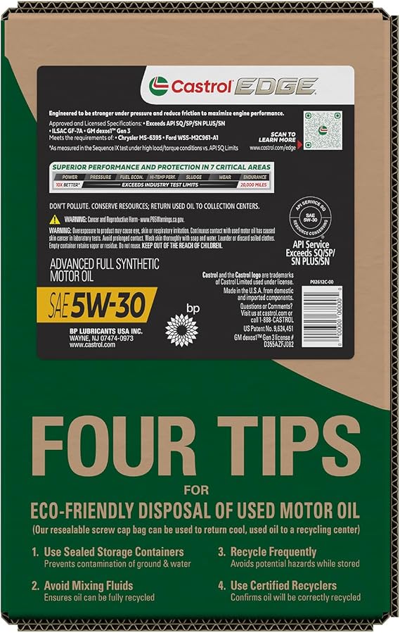 Castrol EDGE 5W-30 Advanced Full Synthetic Motor Oil, 6 Quarts EcoPack