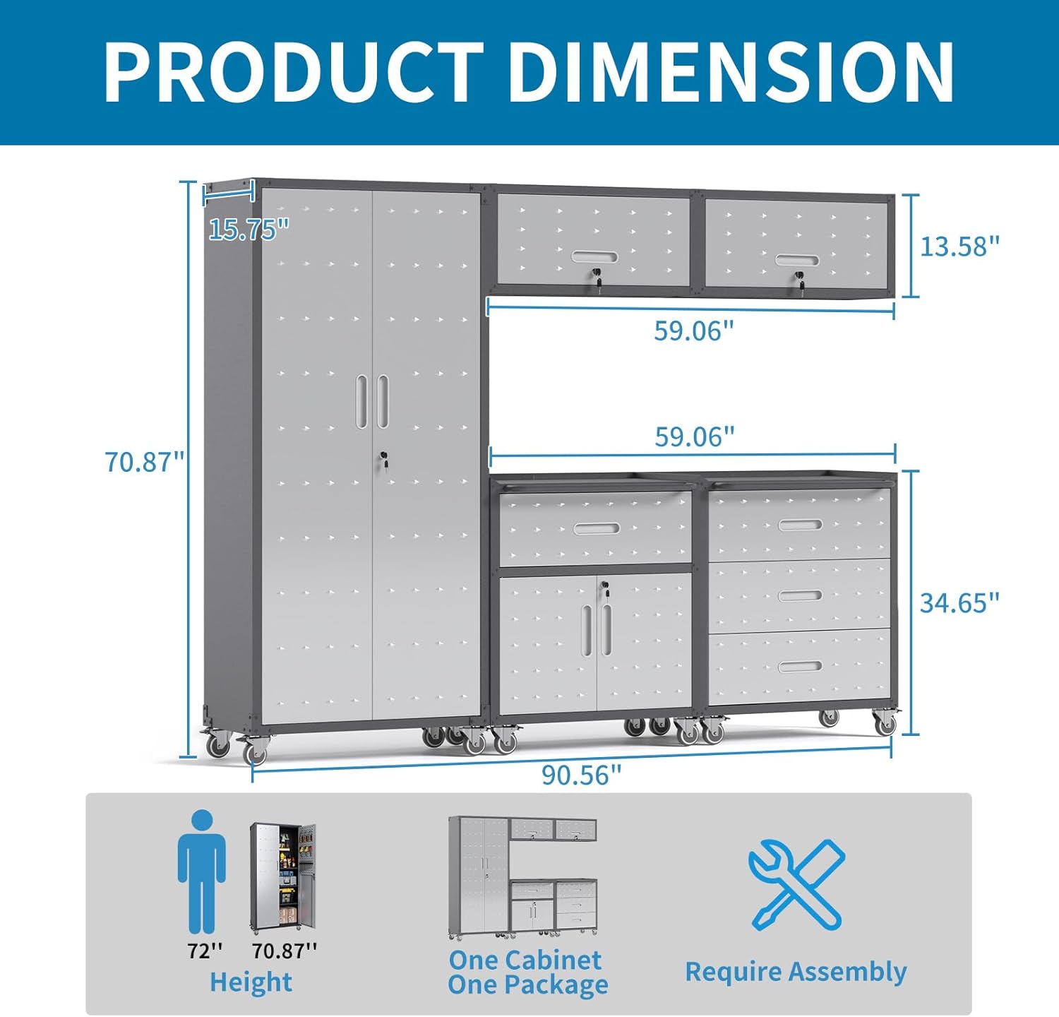 Garage Storage Cabinets System 5PCS Workshop Set with Drawers Locking Heavy Duty Rolling Cart with Adjustable Shelves Garage Tool Workbench Cabinets (5 PCS-2)
