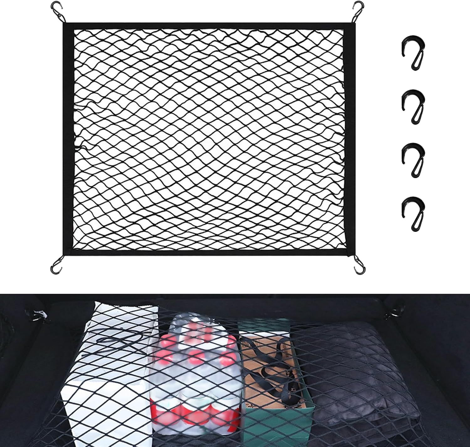 Car Boot Net 80 x 60 cm Motorhome Luggage Net Car with 4 Hooks Boot Net Elastic Luggage Fixation Separation Net Storage Net Extends to 160 x 120 cm Holds Loads Firmer
