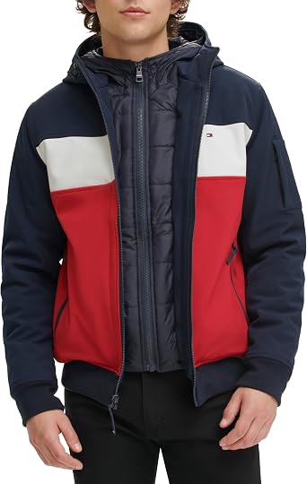 Tommy Hilfiger Men's Windbreaker Jacket, Soft Shell Active Filled Bomber Jacket