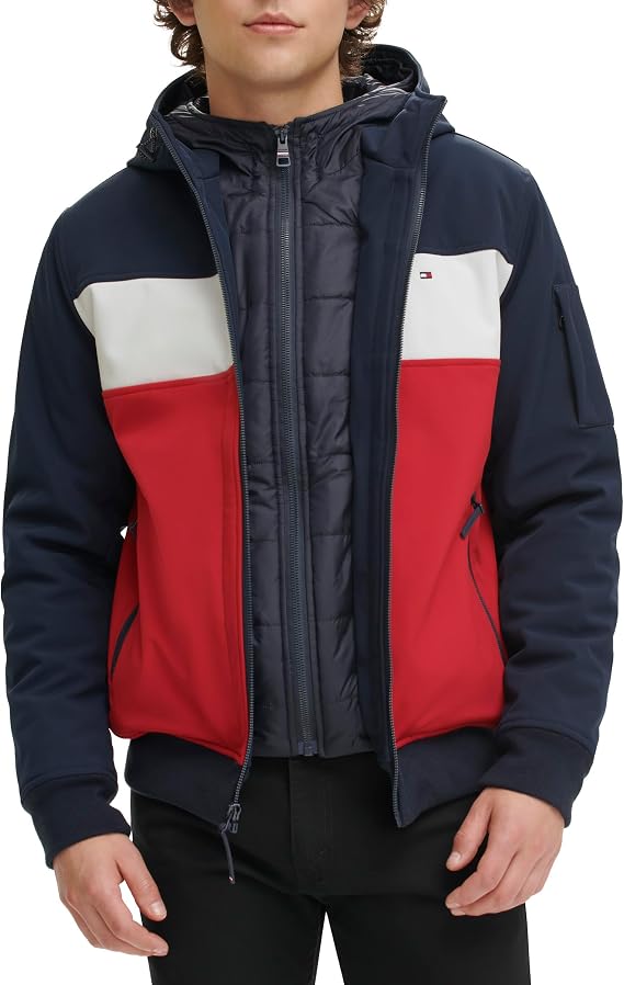 Tommy Hilfiger Men's Windbreaker Jacket, Soft Shell Active Filled Bomber Jacket