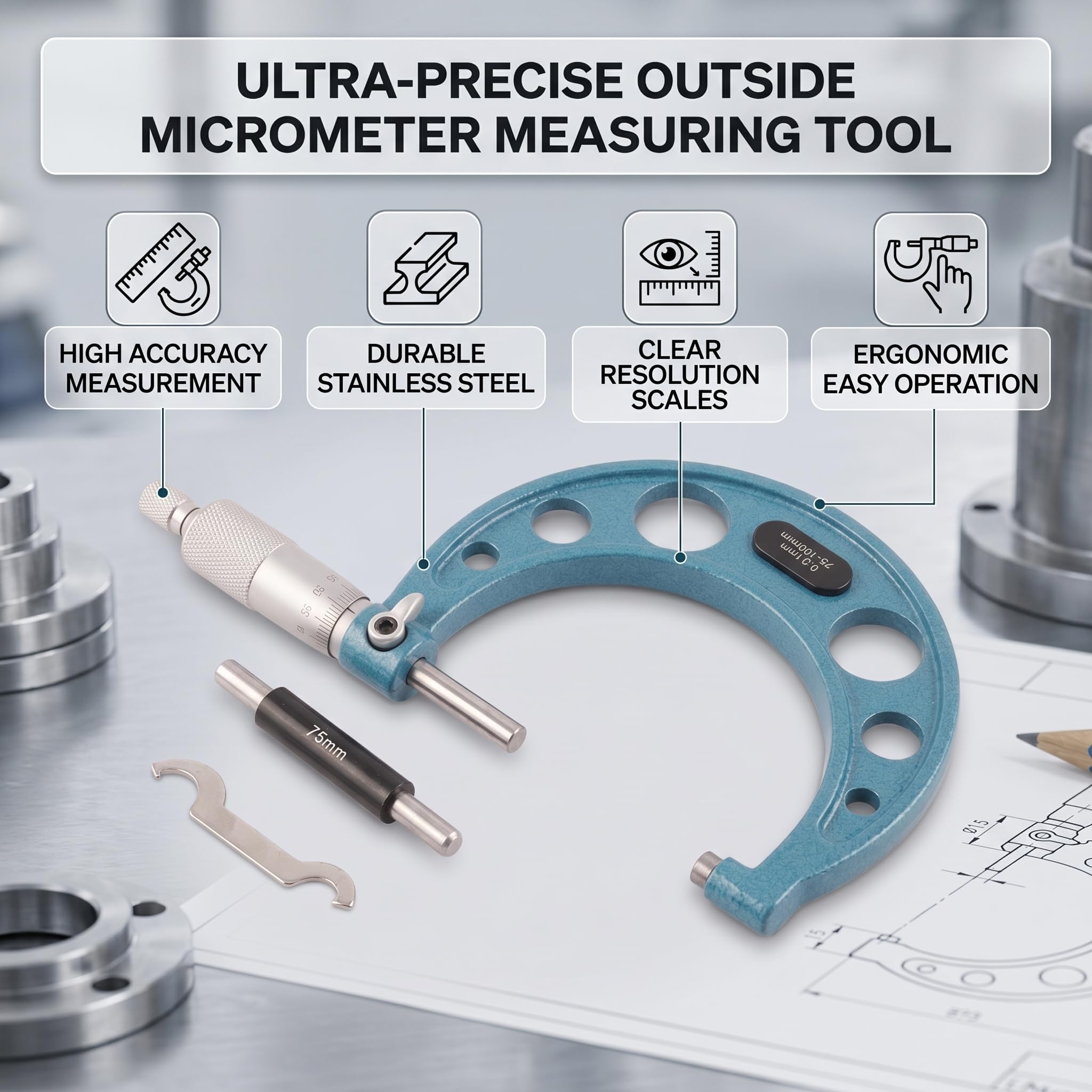 Micromètres Extérieurs, Micromètre Extérieur, Vis Micrométrique avec Clé et Coffret Plastique, Acier Inoxydable, Précision 0,01 Mm, Vernier Micromètre Extérieur(75-100mm)