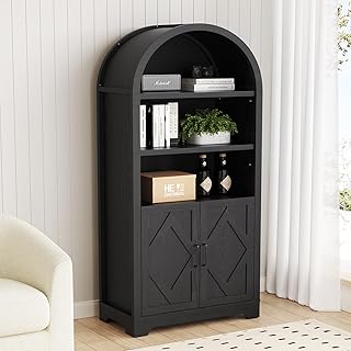 Sunny Heart 71" Tall Arched Cabinets Bookcase with Storage Mid-Century Modern 5-Tier Bookshelf with Doors Adjustable Shelves Farmhouse Kitchen Pantry Buffet Cabinet Book Shelf for Any Room Black