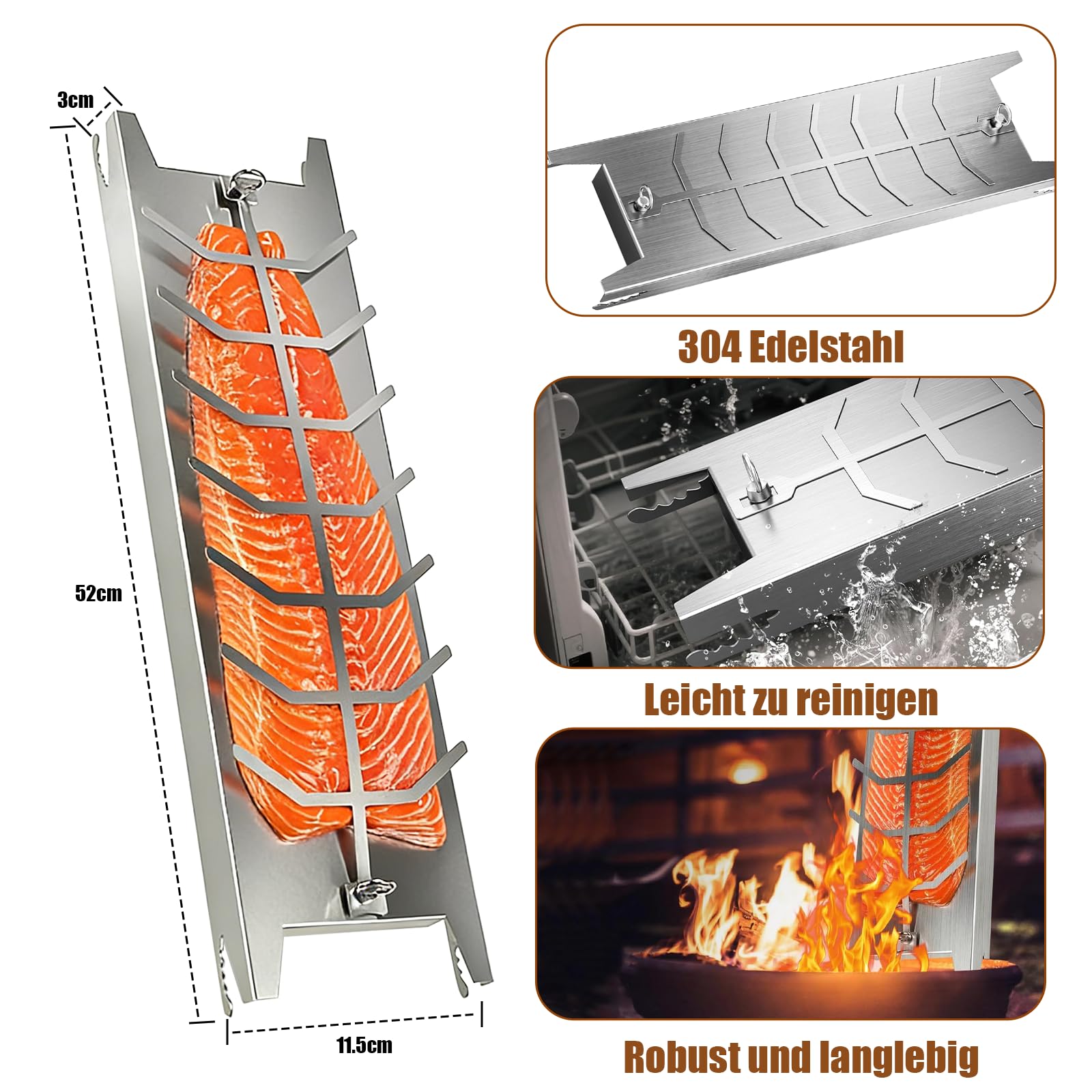 Flammlachsbrett Edelstahl, Flammlachsbrett für Feuerschale, mit Fünf Verstellwinkel für die Neigung & 180° Drehbar, Lachsbretter zum Grillen Feuerschale, Geeignet für Feuerschalen und Kugelgrills