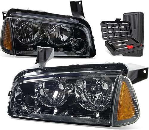 Auto Dynasty Faro de esquina ámbar con carcasa ahumada estilo OE, lámparas de esquina, kit de herramientas compatible con Dodge Charger 06-10