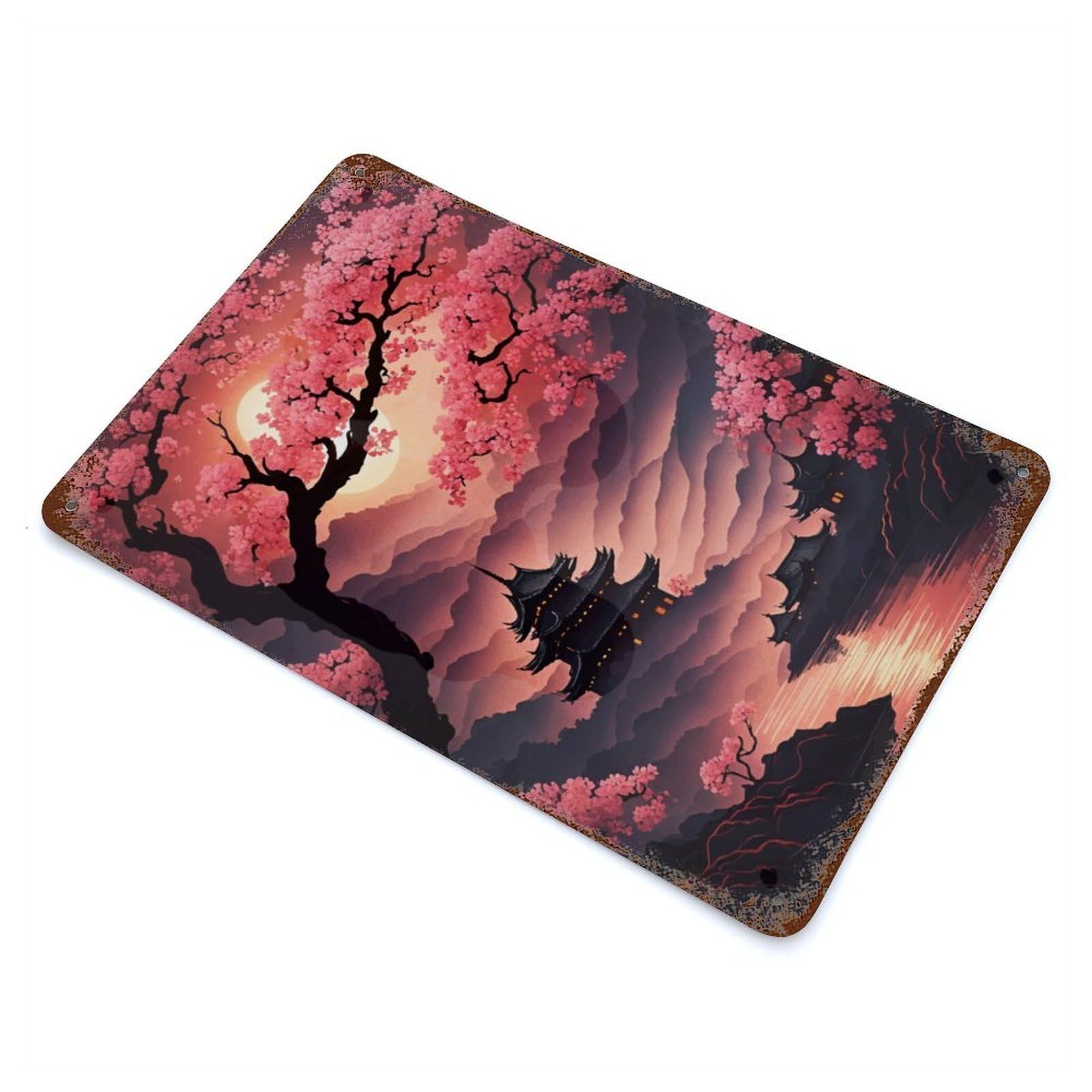 Rust Effect Japanese Cherry Blossom Rusty Metal Tin Sign 11.8"x7.9", Rustic Home Decor for Living Room, Hallway And Home Decor