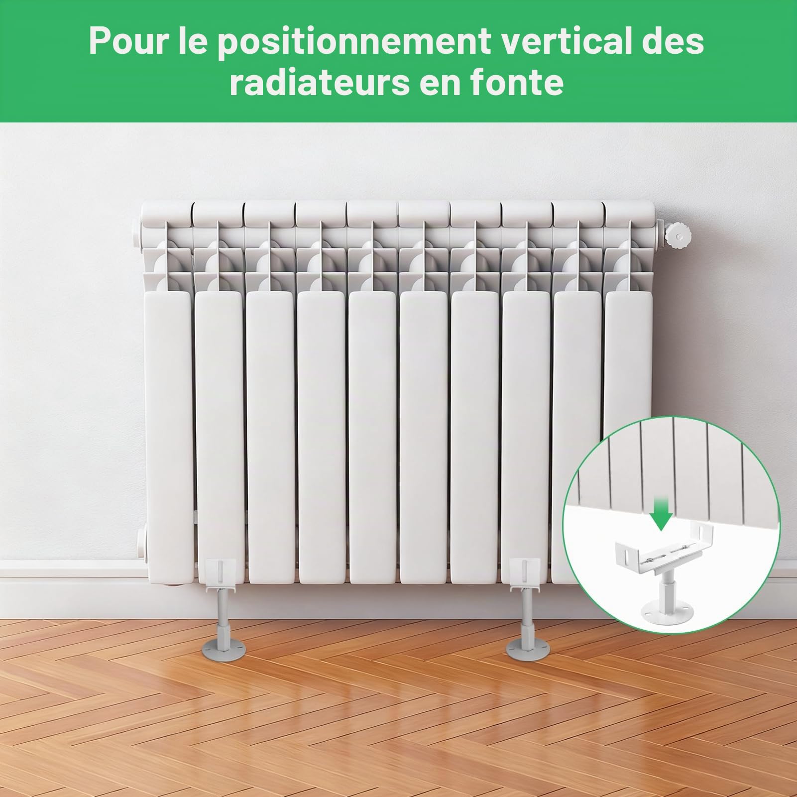 Lot de 2 pieds de radiateur en aluminium, Résistance au Brouillard Salin, hauteur réglable de 11 à 16 cm, style architectural traditionnel, pour le positionnement vertical des radiateurs en fonte