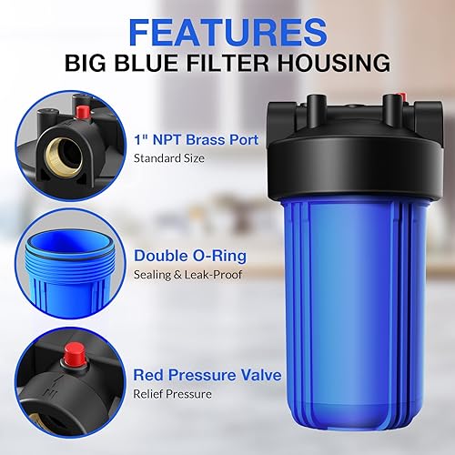 Miniatura 2 de SimPure Carcasa para filtro de agua para toda la casa (DB10P), carcasa de filtro grande de 10 x 4.5 pulgadas, color azul para pozo, sistema de