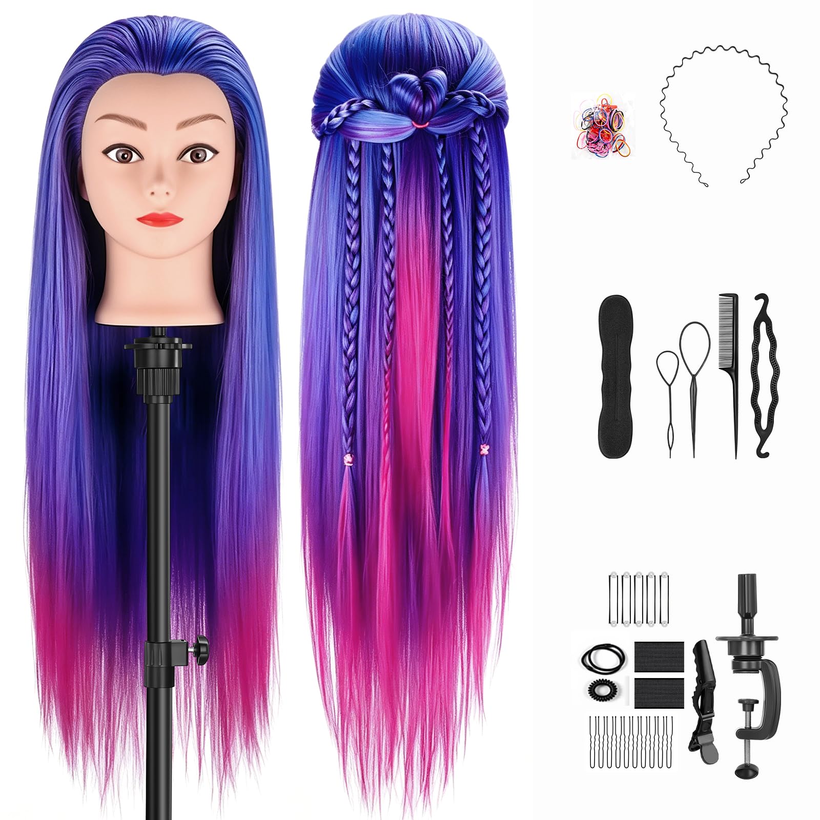 Głowa do stylizacji, głowa manekina treningowego do fryzjerstwa - TwoWin Fantastyczna Kolorowa Głowa Manekina do Kosmetologii, 100% Wysokiej Jakości Syntetyczne Włókno Włosów Model Treningowy do