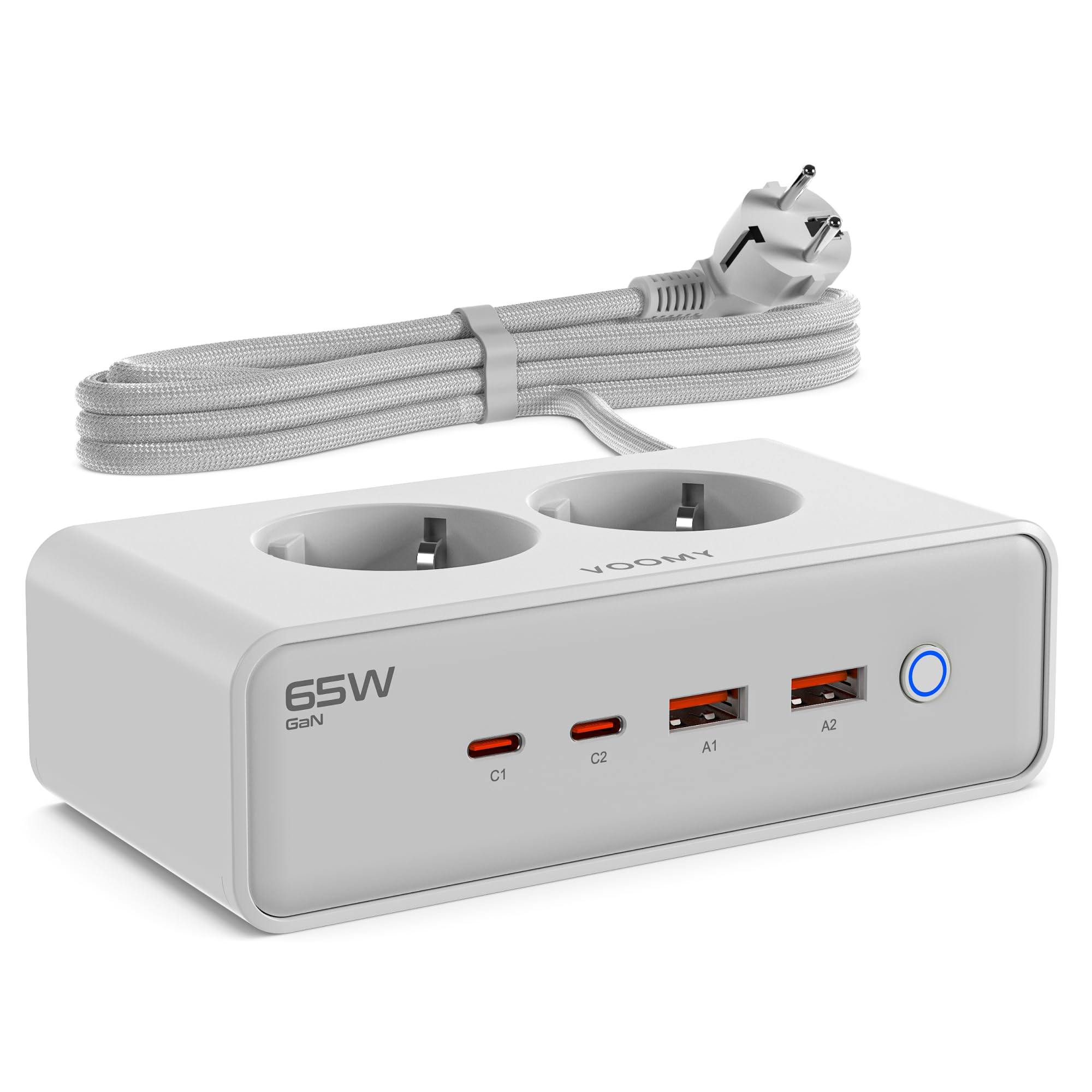 Voomy Multiprise avec Ports USB 65W, Protection Contre Les Surtensions, Les Surcharges et Les Courts-Circuits, Verrouillage de Sécurité, 2 Mètres (Blanc)
