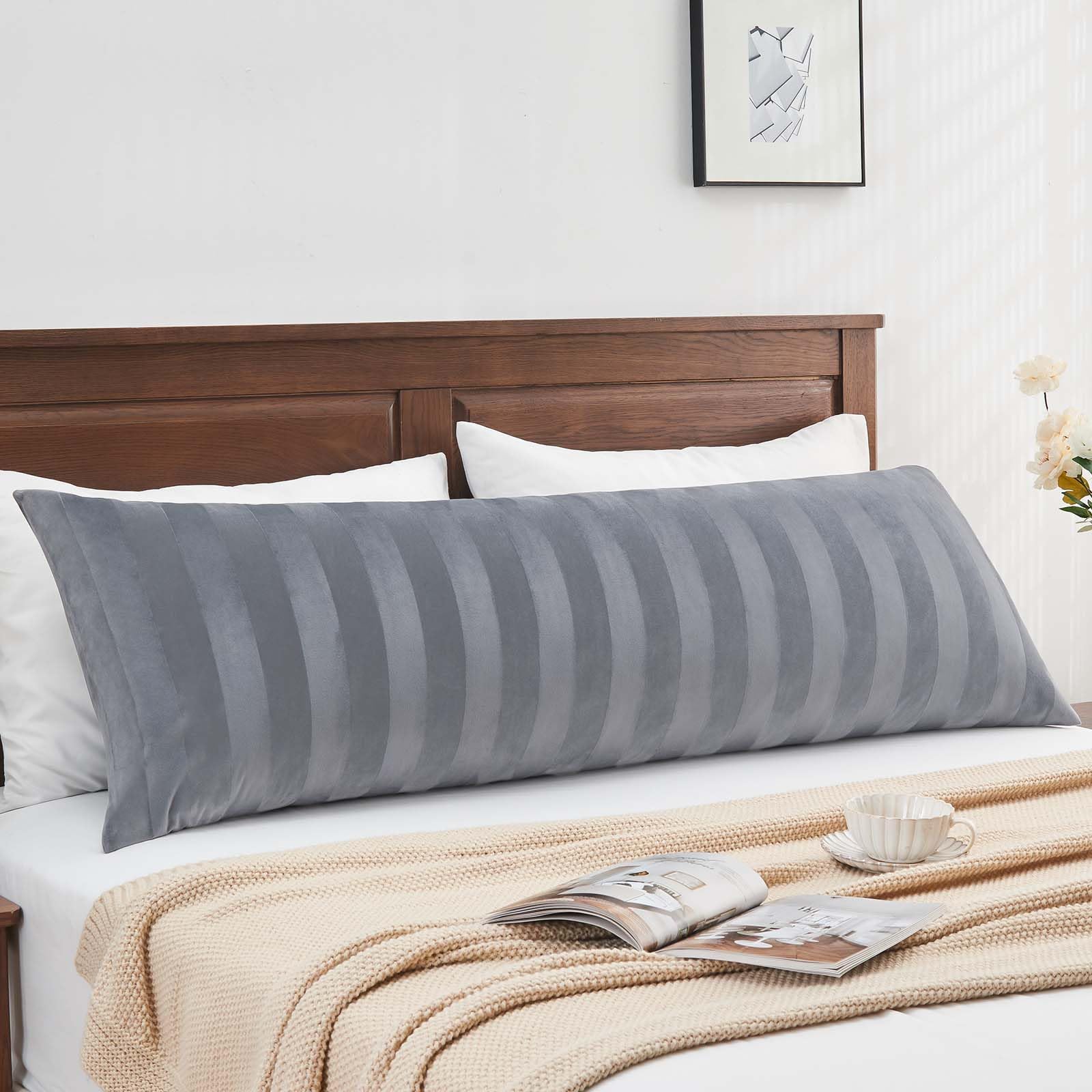 bedelite velvet body pillow cover with zipper, soft and plush 20x54 long pillow case, velvety smooth and cozy body pillow pillowcase for bedroom, for all seasons(dark grey-stripe)