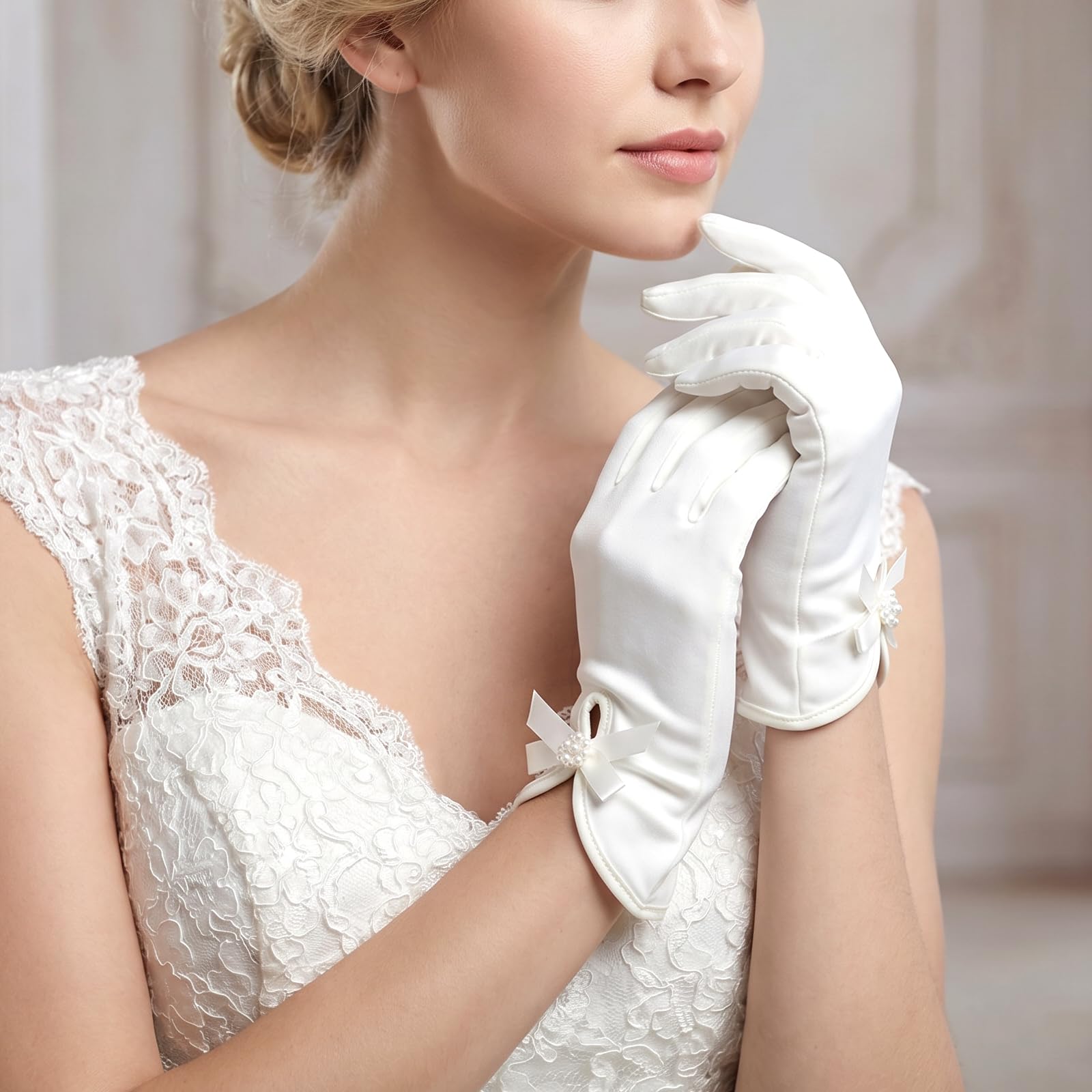 Guanti da Donna in Raso Guanti da Sposa Bianchi da Sposa con Guanti da Polso con Fiocco Guanti da Abito Vintage Accessori per Costumi da Ballo di Fine Anno