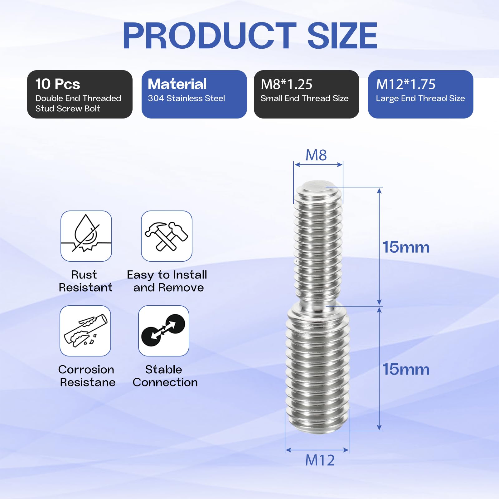HiPicco M8x15mm to M12x15mm Double End Threaded Stud Screw Reducing Bolt,304 Stainless Steel Thread Reducer Adapter for Furniture Fastener Welding Hardware Connectors 10 Pack - Image 2