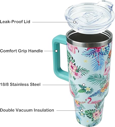 Miniatura 3 de Vaso de 40 onzas con asa y popote, vaso aislado de acero inoxidable con tapa a prueba de fugas y tapa con popote, mantiene las bebidas frías y