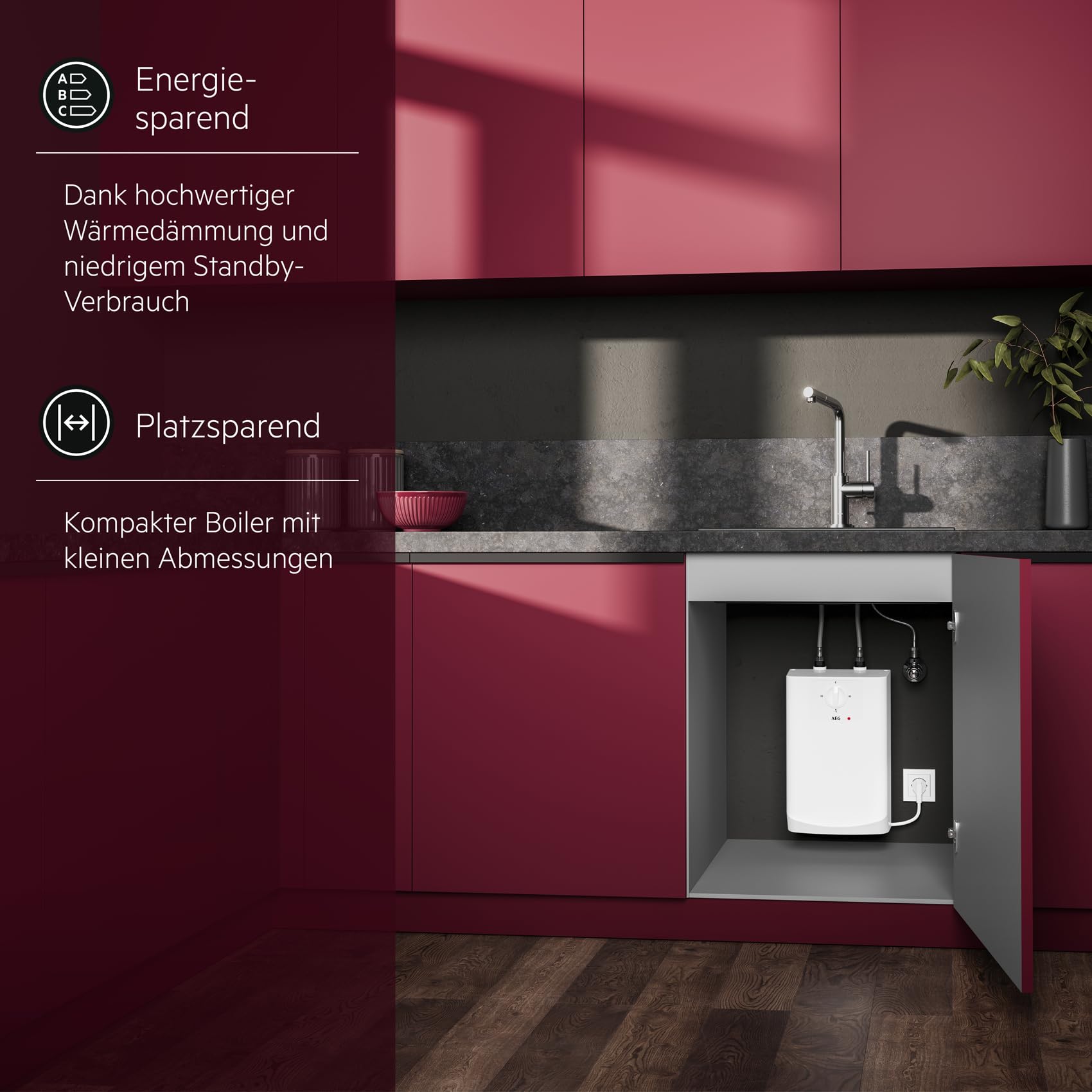 AEG Boiler BOI 5 U, Untertischboiler 5 Liter Niederdruck mit Stecker 230V für Küchenspüle oder Waschbecken, energie- und platzsparend, 2 kW, Made in Germany, VDE geprüft