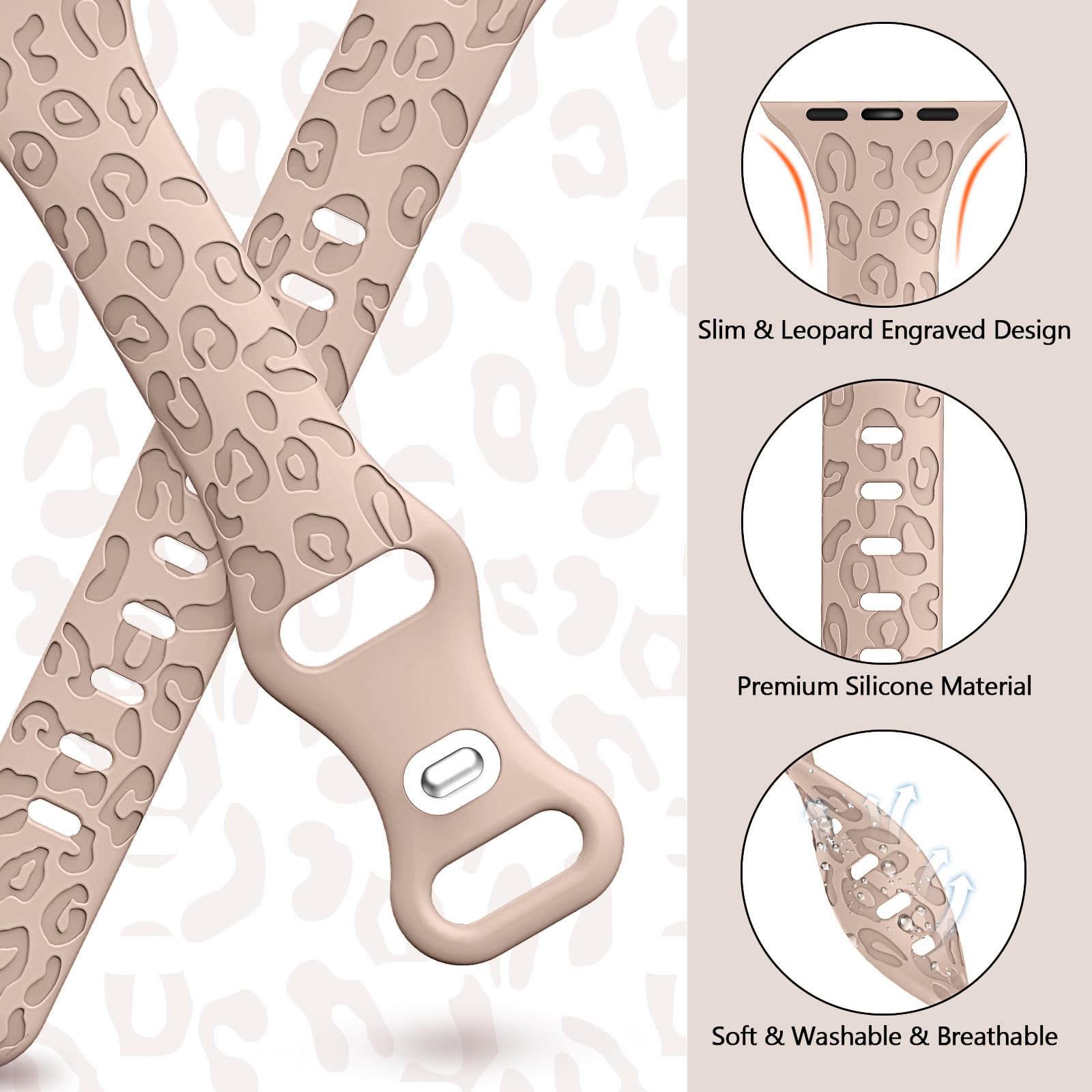 4 Pack Leopard Engraved Band Compatible with Apple Watch Band 38mm 40mm 41mm 44mm 42mm, Waterproof Slim Thin Narrow Sport Silicone Wristbands Female Design for iWatch Series 8 7 SE 6 5 4 3 2 1