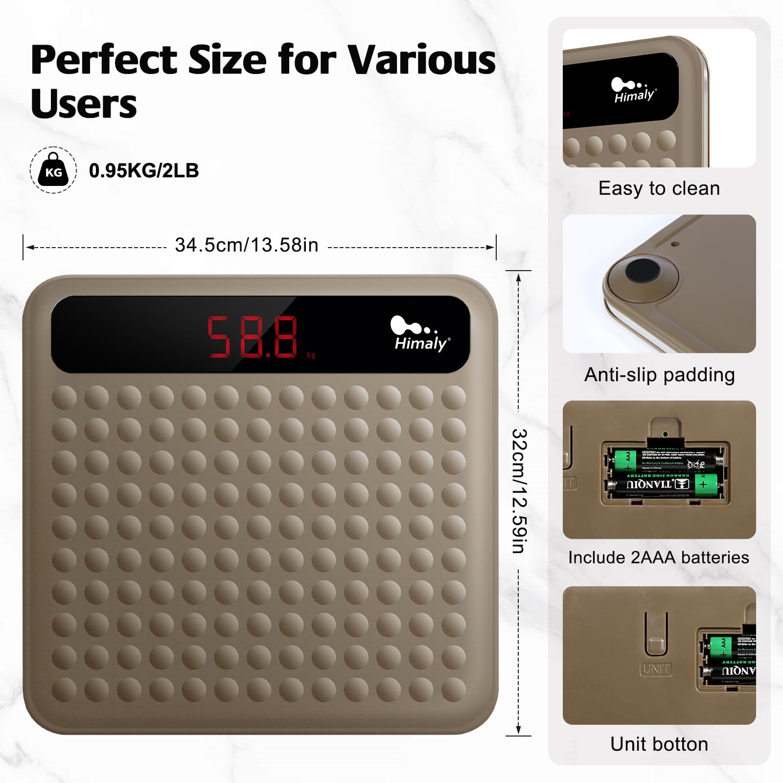 himaly Bilancia pesapersone digitale per bagno, tecnologia Step-On, misura ad alta precisione con grande piattaforma in silicone antiscivolo e display digitale LCD, capacità 180 kg, marrone