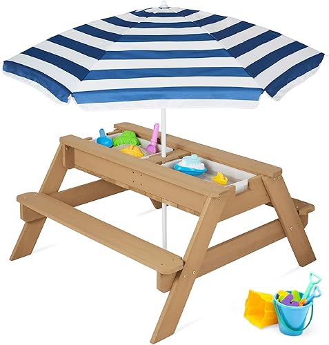 Vista 10 de Best Choice Products Mesa de arena y agua 3 en 1 para niños, mesa de picnic convertible de madera para exteriores con paraguas, 2 bandejas, parte